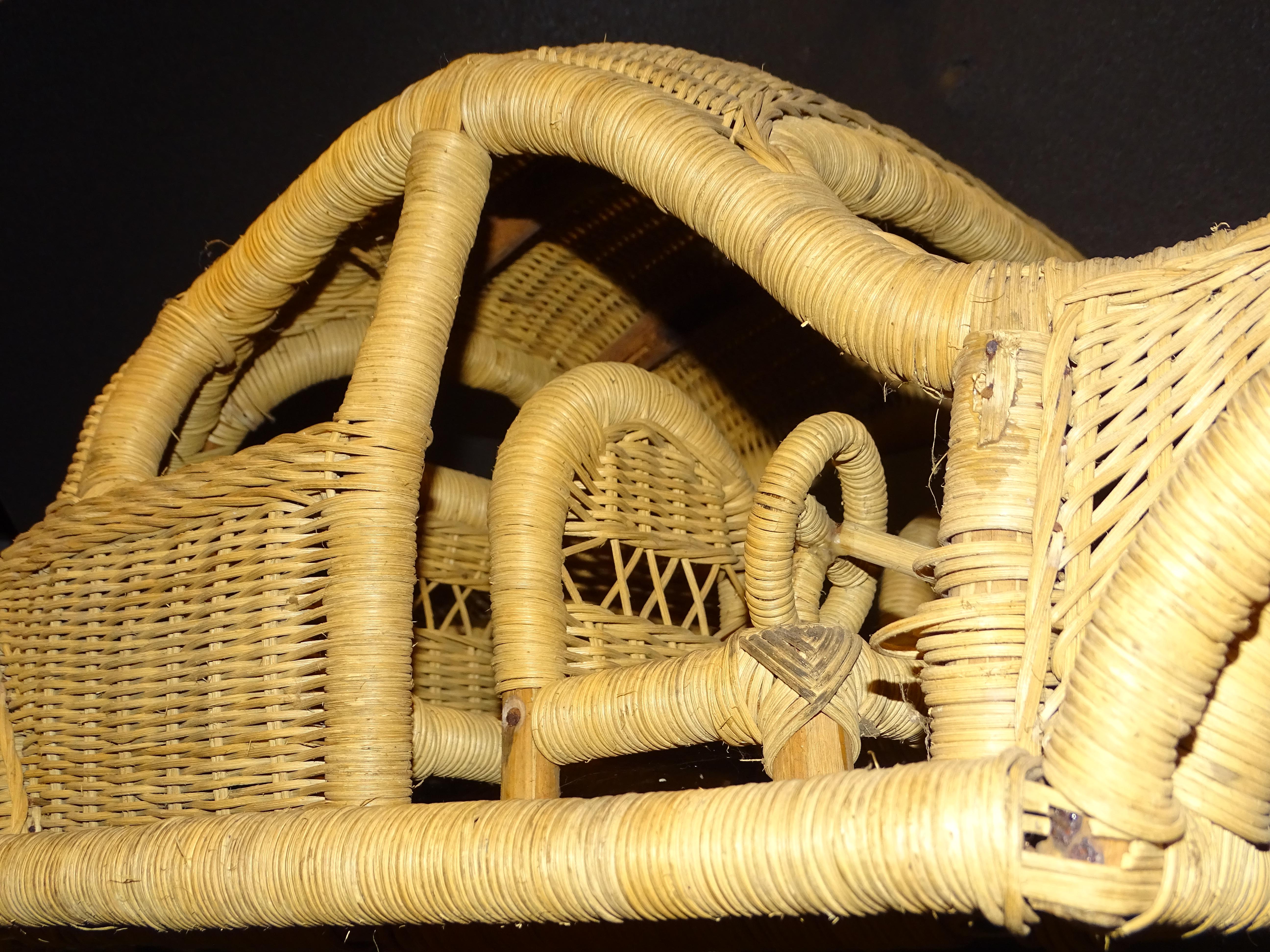 Wicker 60s Beetle Car Rattan Sculture, Toy , Italy