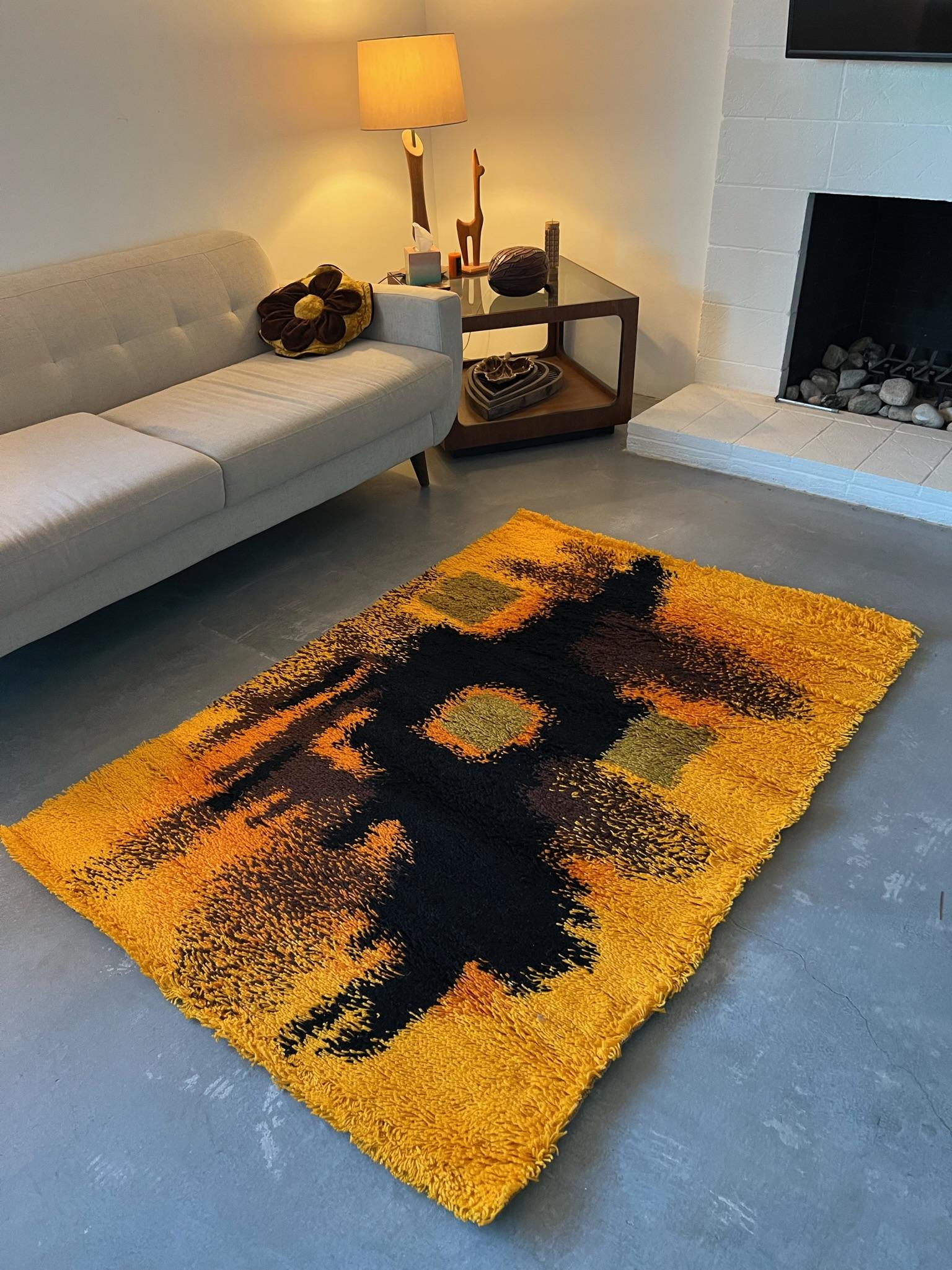 60's BELLE RYA UNUSED Wool Danish Rug Abstract Scandinavian Mid Century Modern In Excellent Condition In Los Angeles, CA