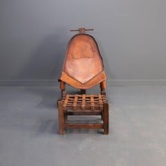 60s Brazilian brutalist patched leather lounge fauteuil with hocker