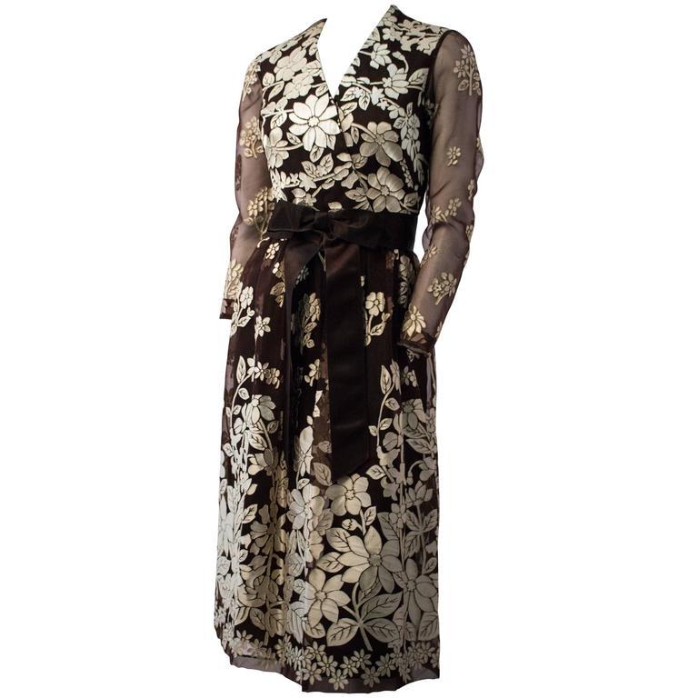 60s Brown Floral Burnout Dress In Good Condition For Sale In San Francisco, CA