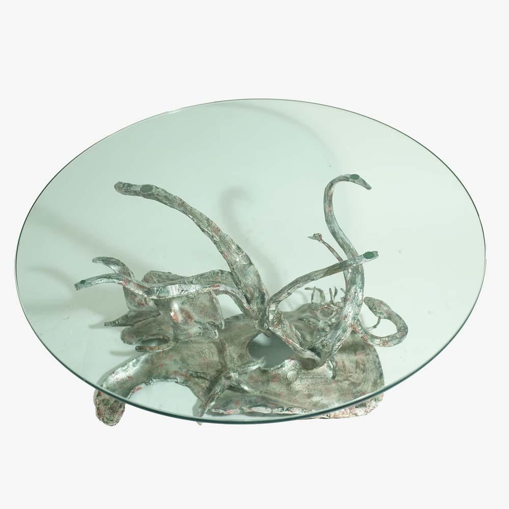 Italian 60s Brutalist Design Occasional Table by Salvino Marsura Silvered Iron Glass Top For Sale