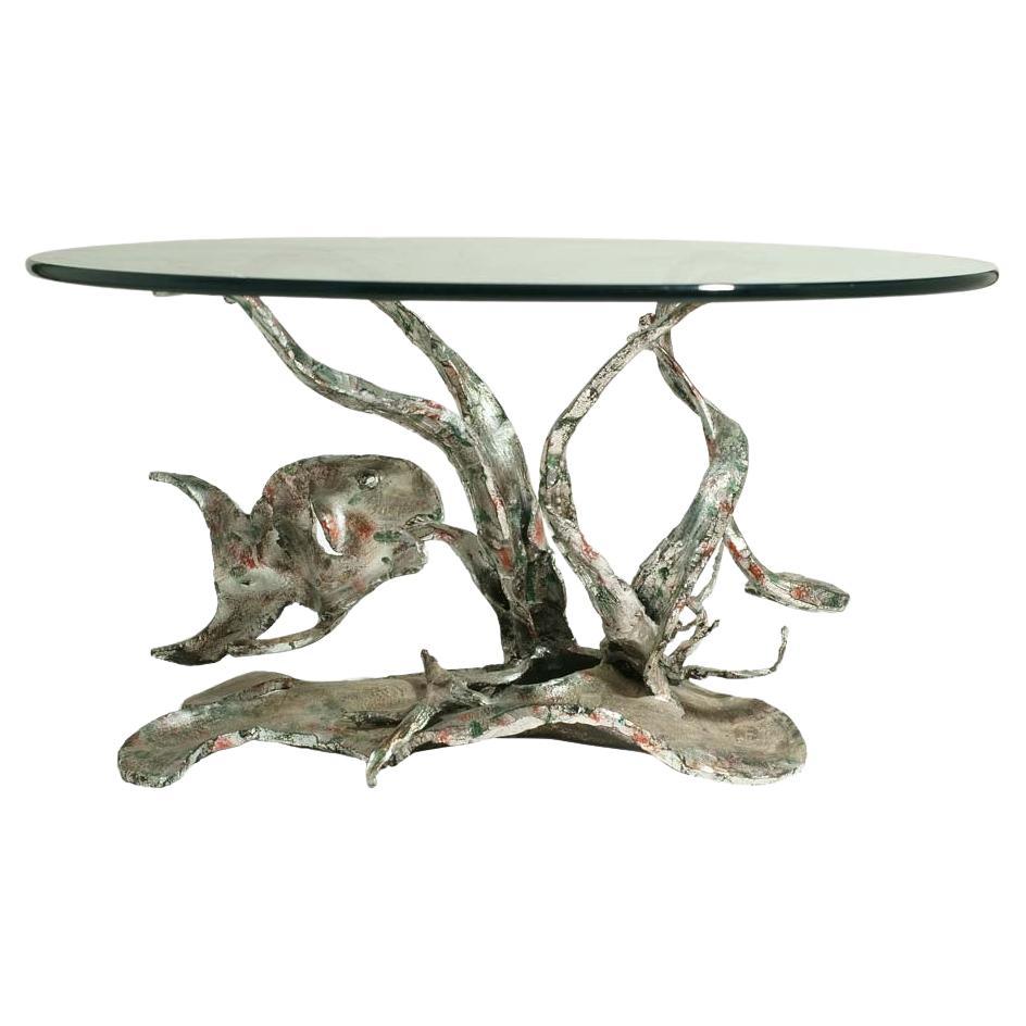60s Brutalist Design Occasional Table by Salvino Marsura Silvered Iron Glass Top