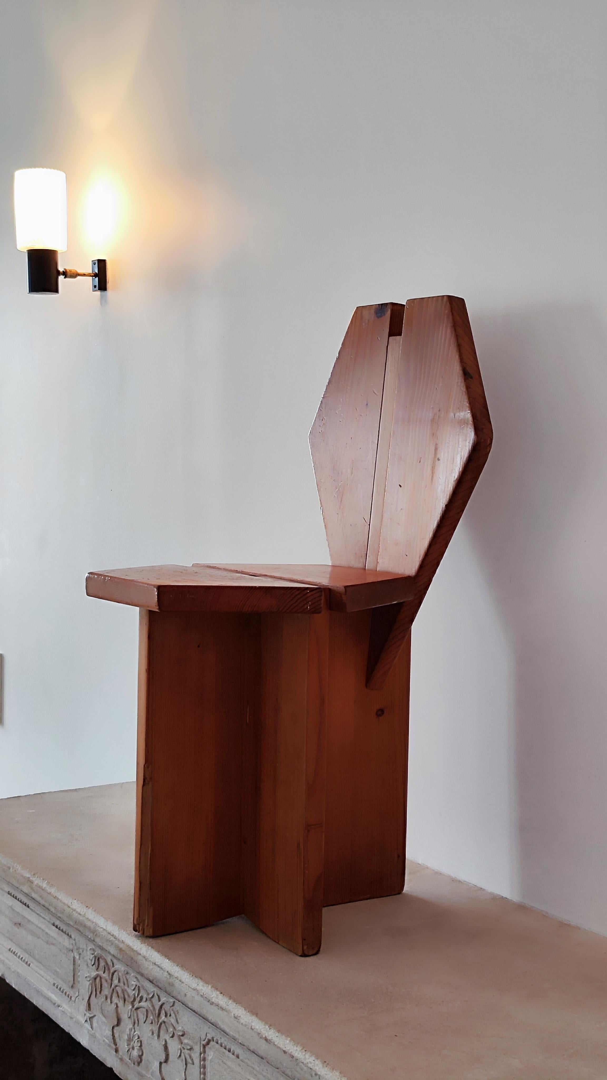 Brutalist 60s brutalist pine chair, France, Méribel - René Martin for Charlotte Perriand
