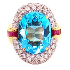 60's Bulgari gold ring with blue topaz, diamonds and rubies