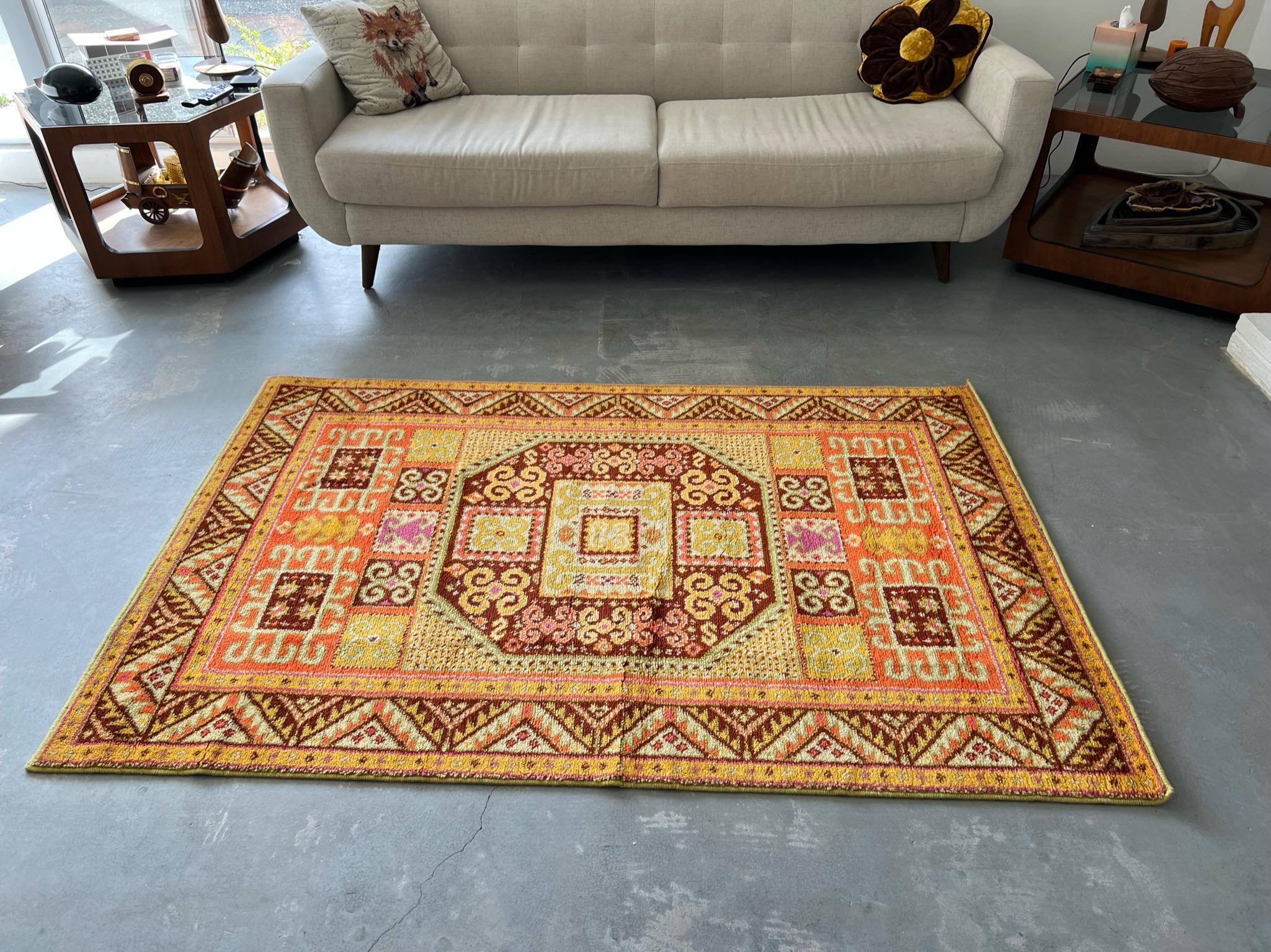 Mid-20th Century 60s CASPIAN Octagon Loop Pile Wool UNUSED Mid Century Modern Caucasian Kazak Rug For Sale