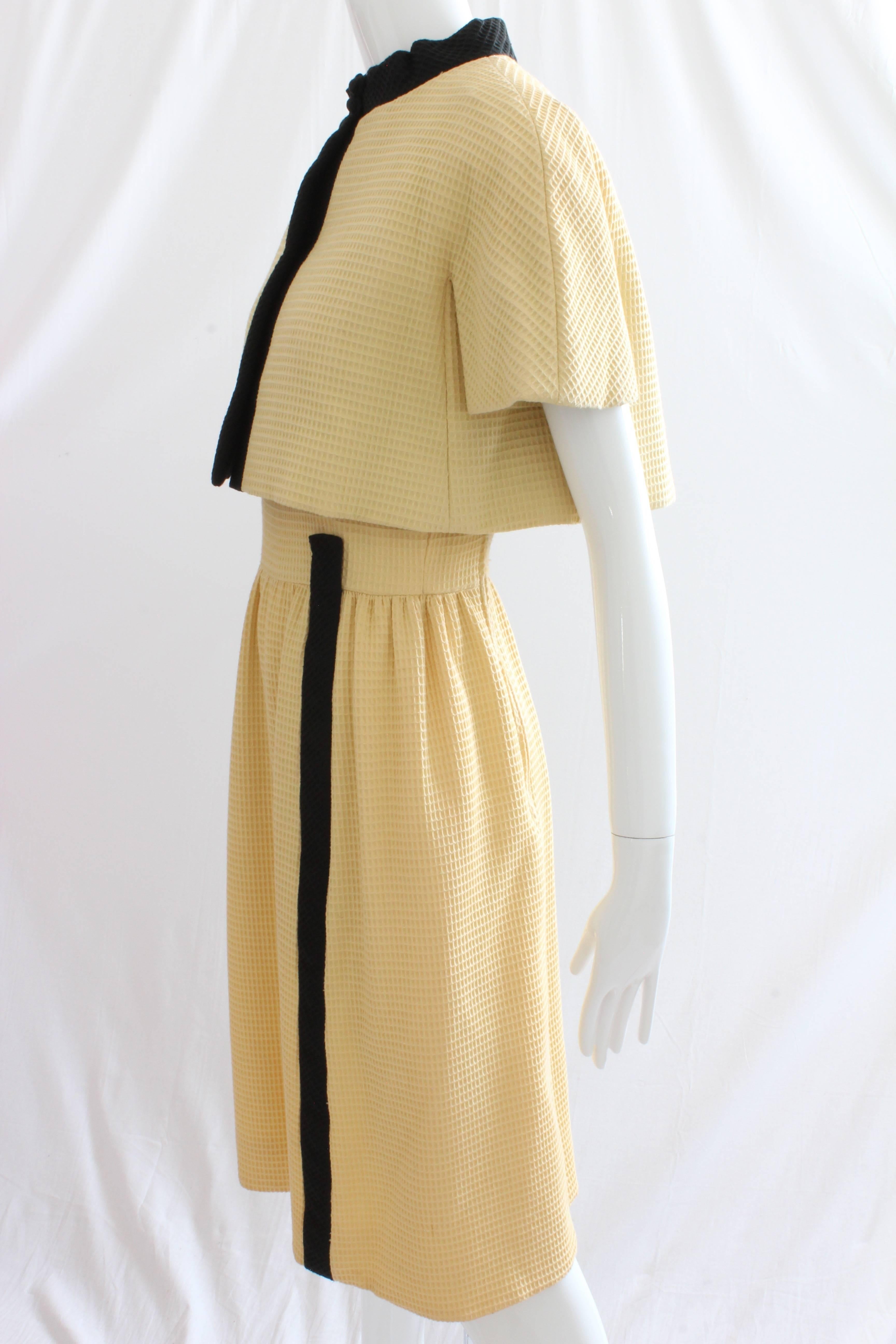 Beige 60s Chester Weinberg Jacket and Dress Ensemble 2pc Set Yellow Honeycomb Fabric S