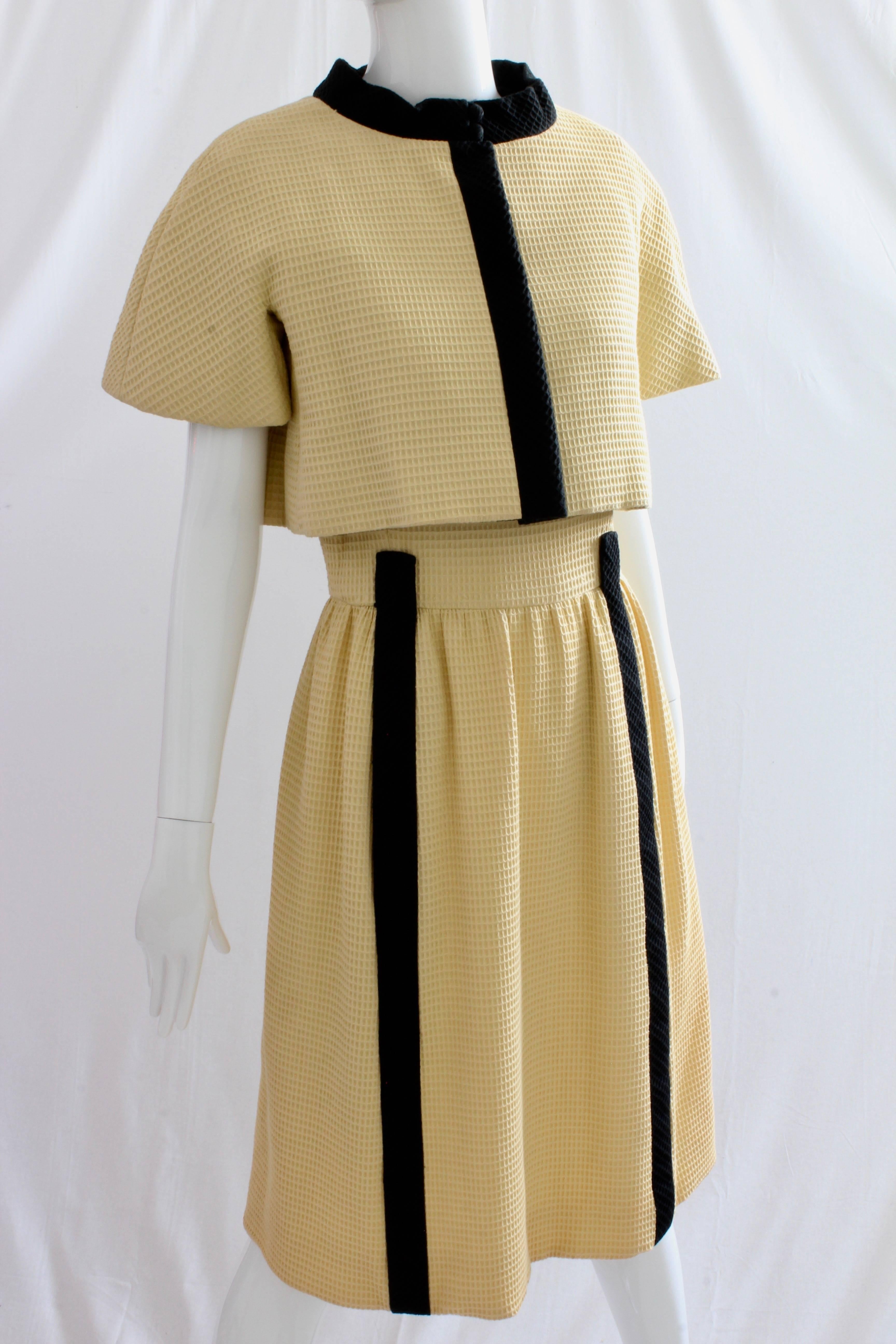 Women's or Men's 60s Chester Weinberg Jacket and Dress Ensemble 2pc Set Yellow Honeycomb Fabric S