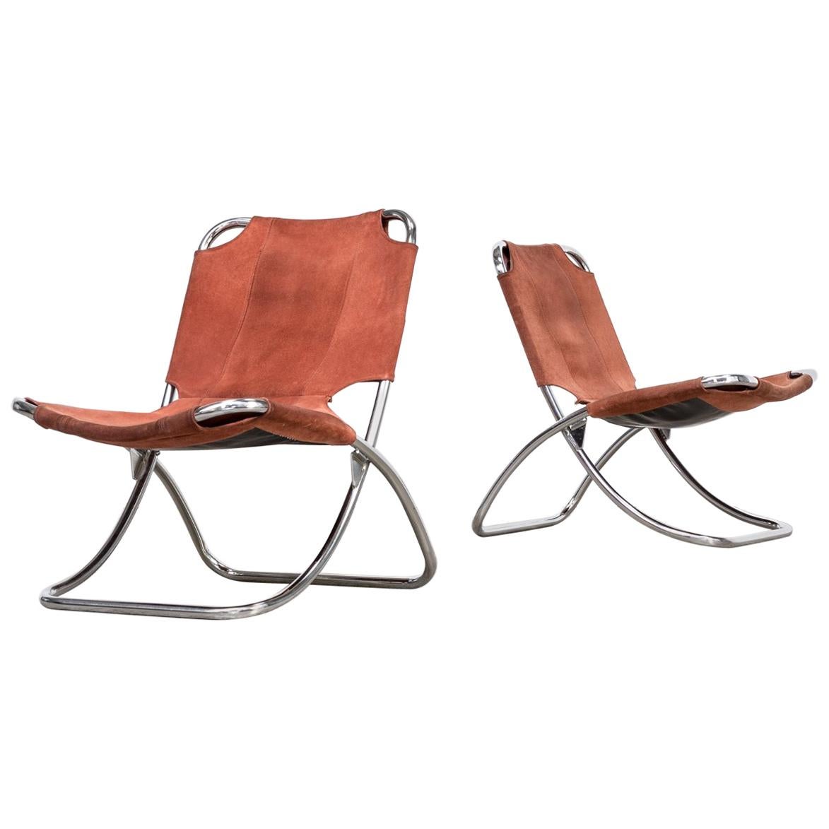 1960s Chrome Framed and Leather Folding Chair Set/2 For Sale
