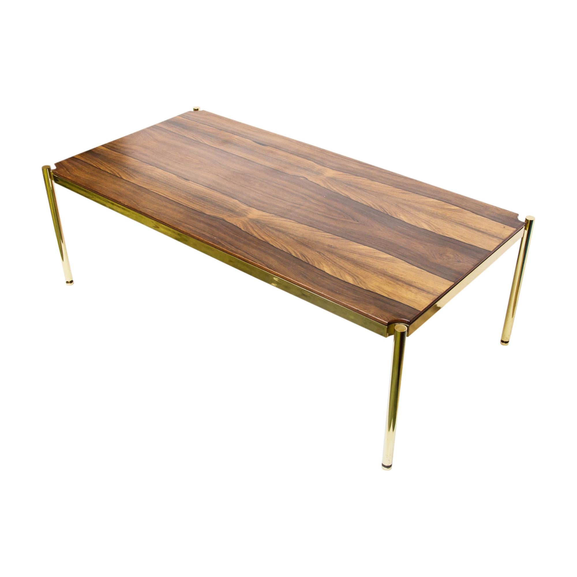Italian 1960s Coffee Table Rectangular Solid Rosewood Top on a Brass Metal Base, Borsani For Sale