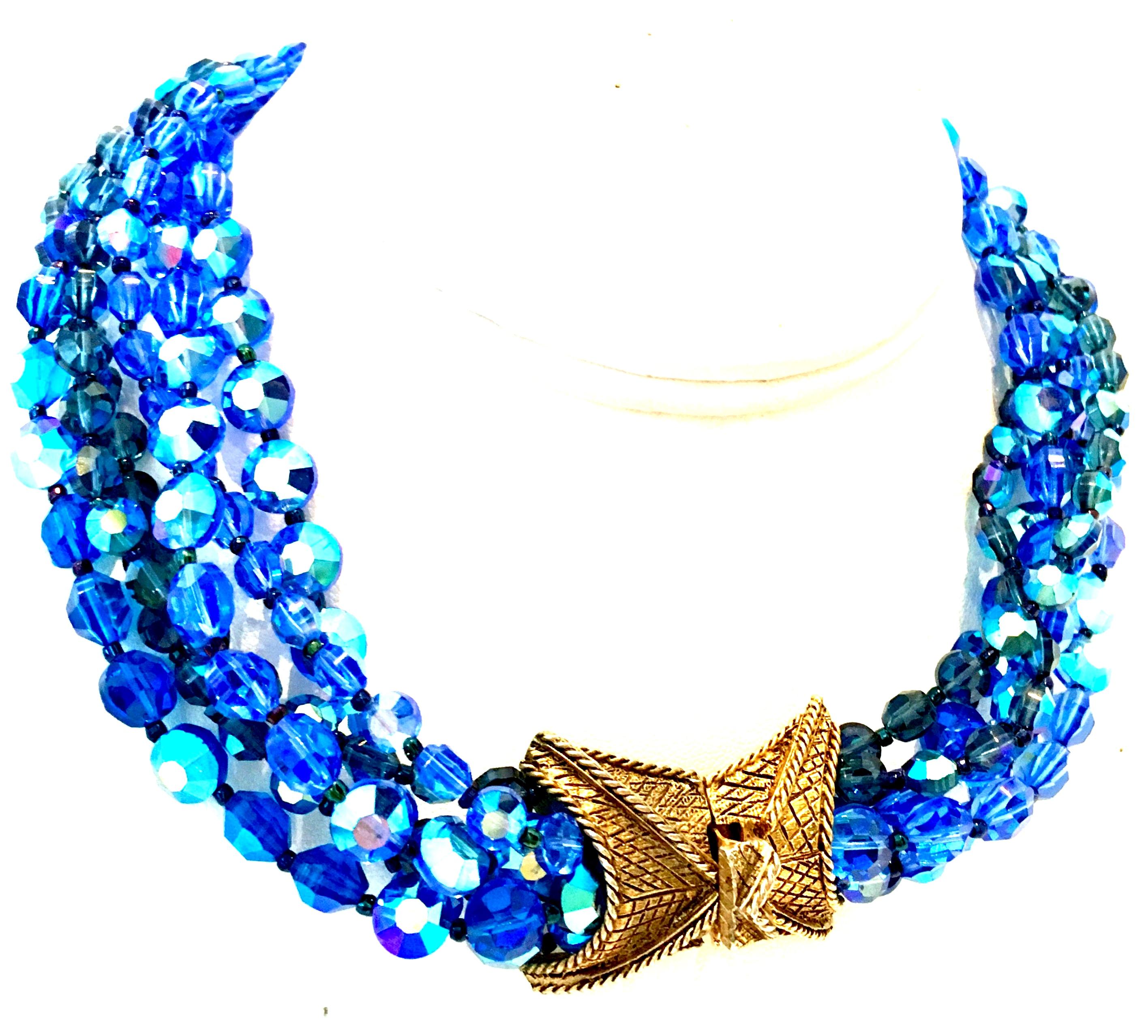 1960'S Outstanding Coppolo E Toppo Style Cut & Faceted Vibrant Shades of Blue Five-Strand Venetian Glass Bead Choker Style Necklace. This rare collectors piece features five strands of vibrant shades of blue iridescent tightly strung glass beads