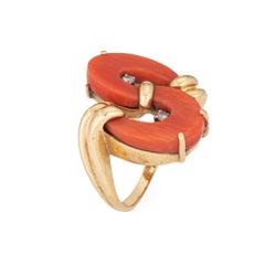 60s Coral Diamond Swirl Ring Sz 4.75 Vintage 14k Gold Cocktail Fine Jewelry