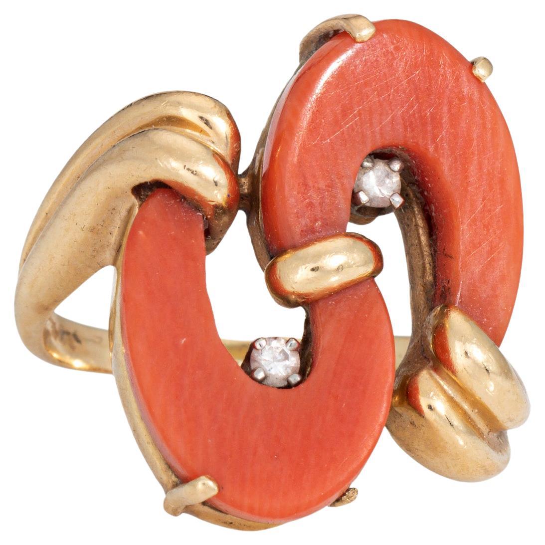 60s Coral Diamond Swirl Ring Sz 4.75 Vintage 14k Gold Cocktail Feine Juwelen