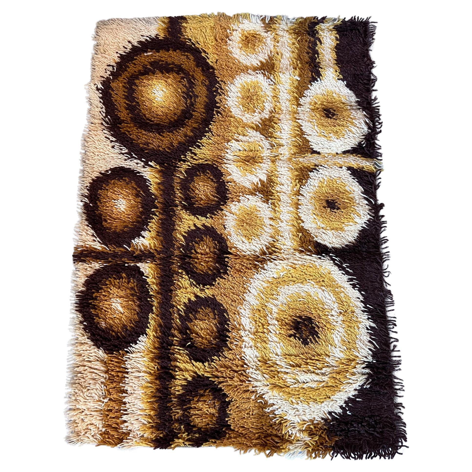 60's DANIA TAEPPER Circles Brown Yellow UNUSED Mid Century Danish Rya Rug Modern For Sale