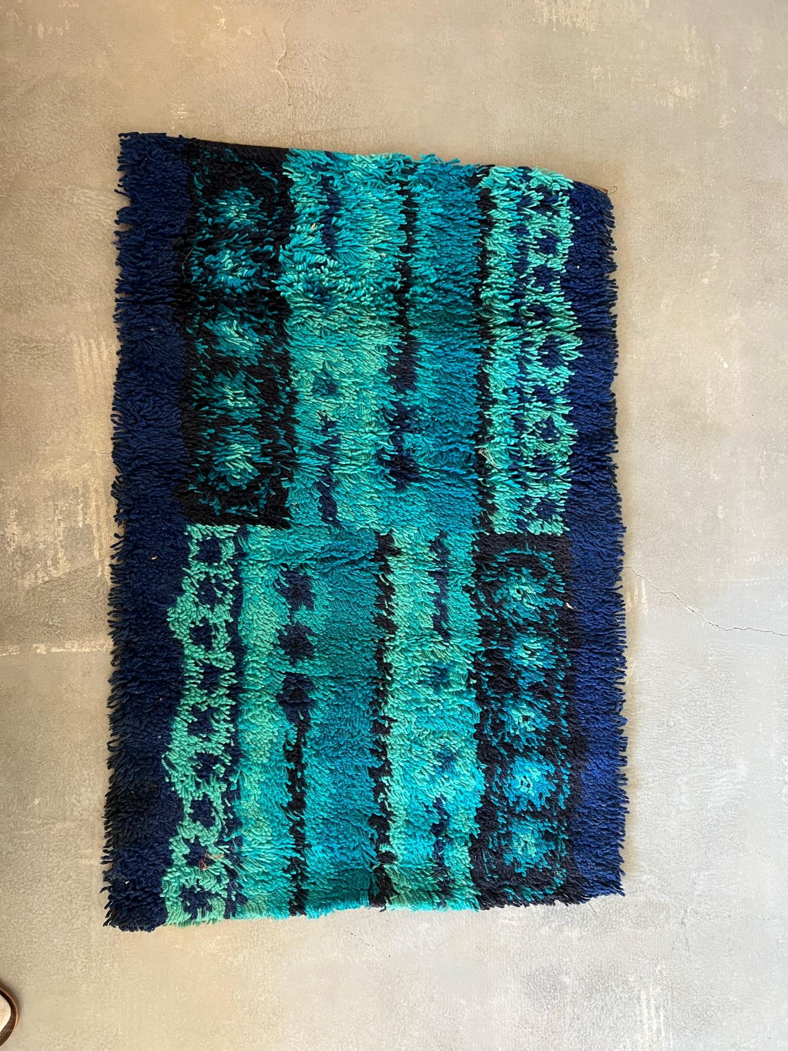DANIA TAEPPER Mid Century Modern Geometrischer dänischer Blues UNUsed dänischer Rya-Teppich, 60er Jahre (Wolle) im Angebot