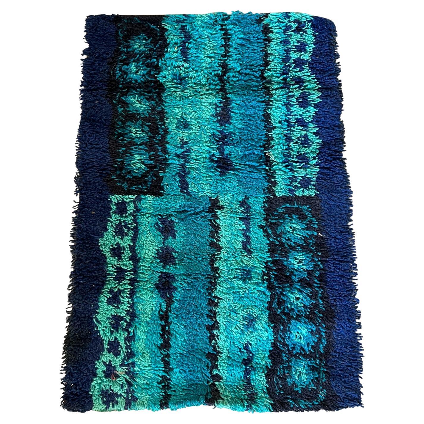 60's DANIA TAEPPER Mid Century Modern Geometric Blues UNUSED Danish Rya Rug