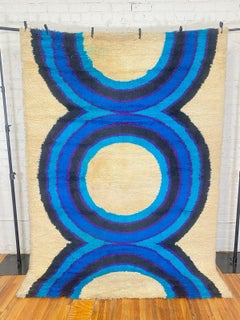 60er Jahre, Dania Taepper, unbenutzt, Mid-Century, dänischer Rya-Teppich, cremefarben mit blauem Rückseite und Kreismuster