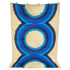 60er Jahre, Dania Taepper, unbenutzt, Mid-Century, dänischer Rya-Teppich, cremefarben mit blauem Rückseite und Kreismuster