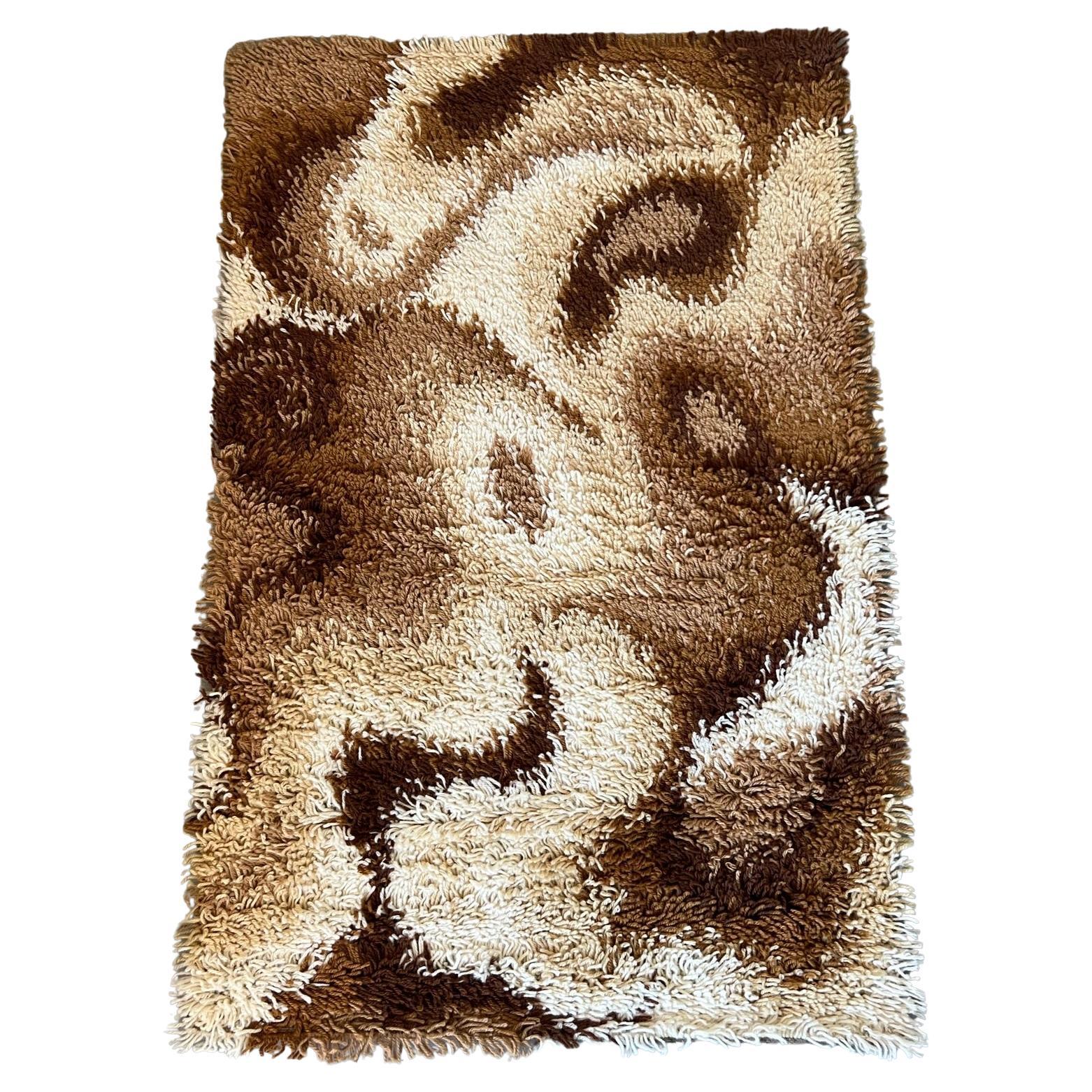 60's DANIA TAEPPER Waves Abstract UNUSED Mid Century Modern Danish Rya Rug Brown