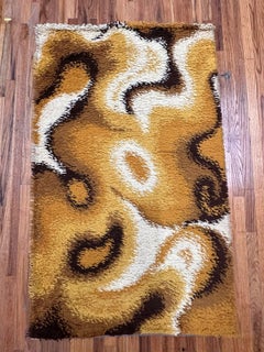 Vintage Danish Rya Wool Rug, Yellow Abstract Waves, Dania Taepper, Unused, 1970s