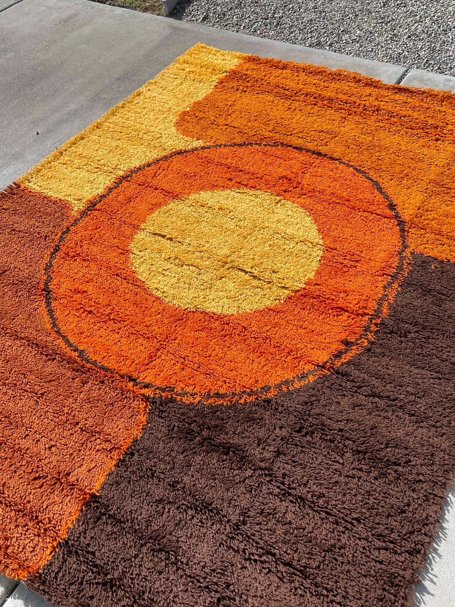 Mid-20th Century 60's DANIA TAEPPER Yellow Orange Circle UNUSED Modern Danish Rya Rug Mid Century For Sale