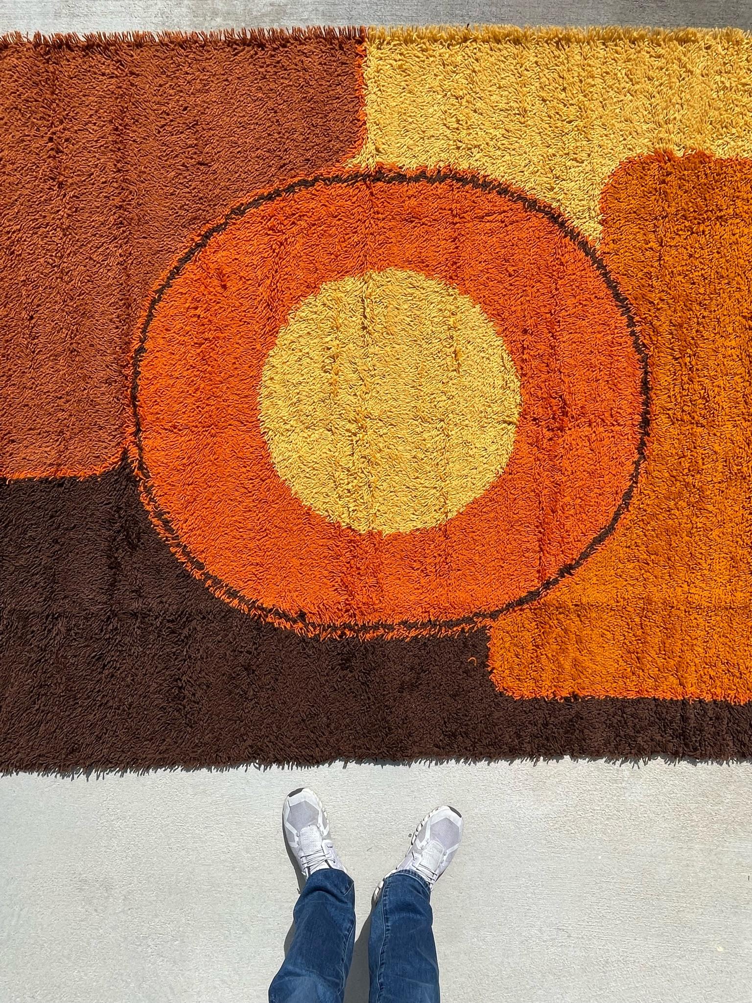 60's DANIA TAEPPER Yellow Orange Circle UNUSED Modern Danish Rya Rug Mid Century For Sale 1