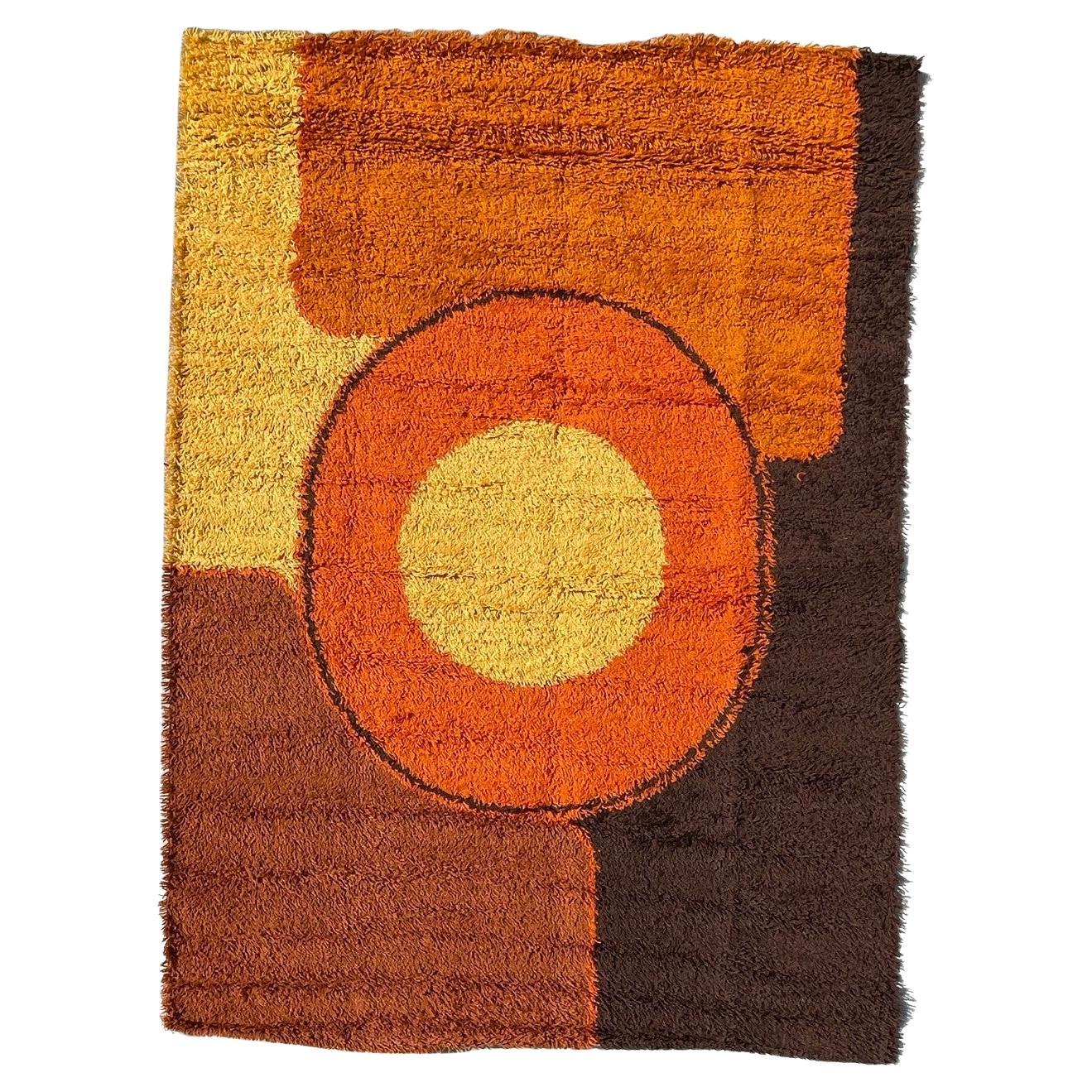60's DANIA TAEPPER Yellow Orange Circle UNUSED Modern Danish Rya Rug Mid Century