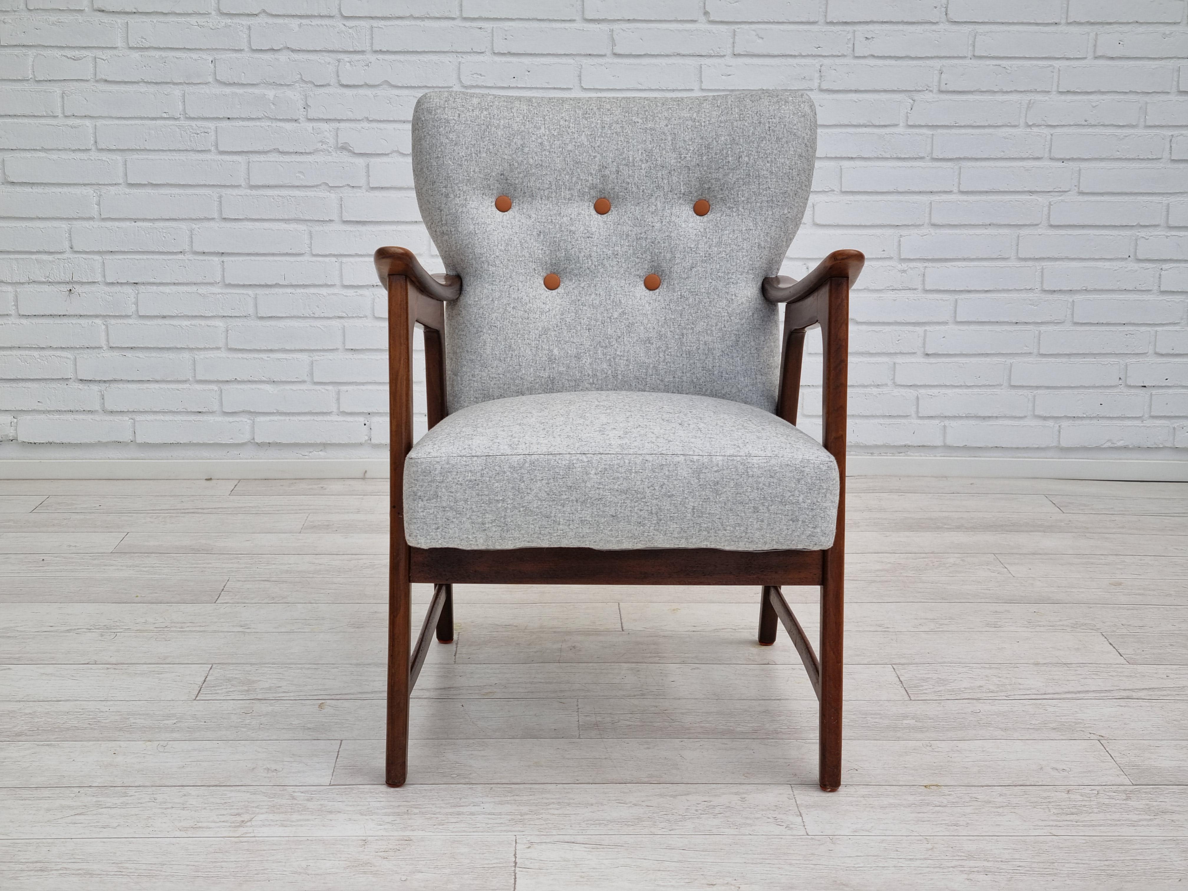 60s, Danish Armchair, Fabric, Beech Wood, Completely Reupholstered In Good Condition In Tarm, 82