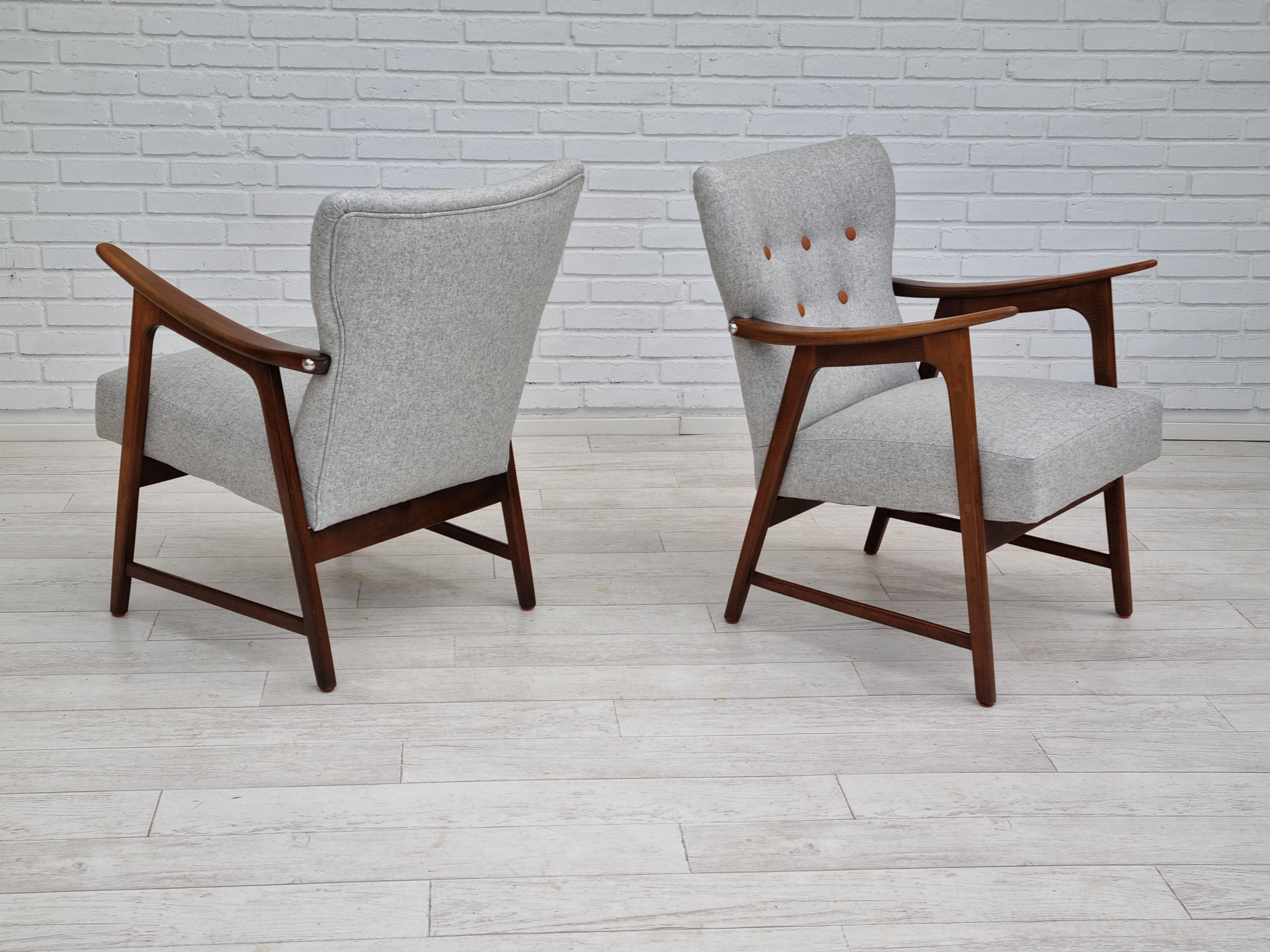 Mid-20th Century 60s, Danish Armchair, Fabric, Beech Wood, Completely Reupholstered