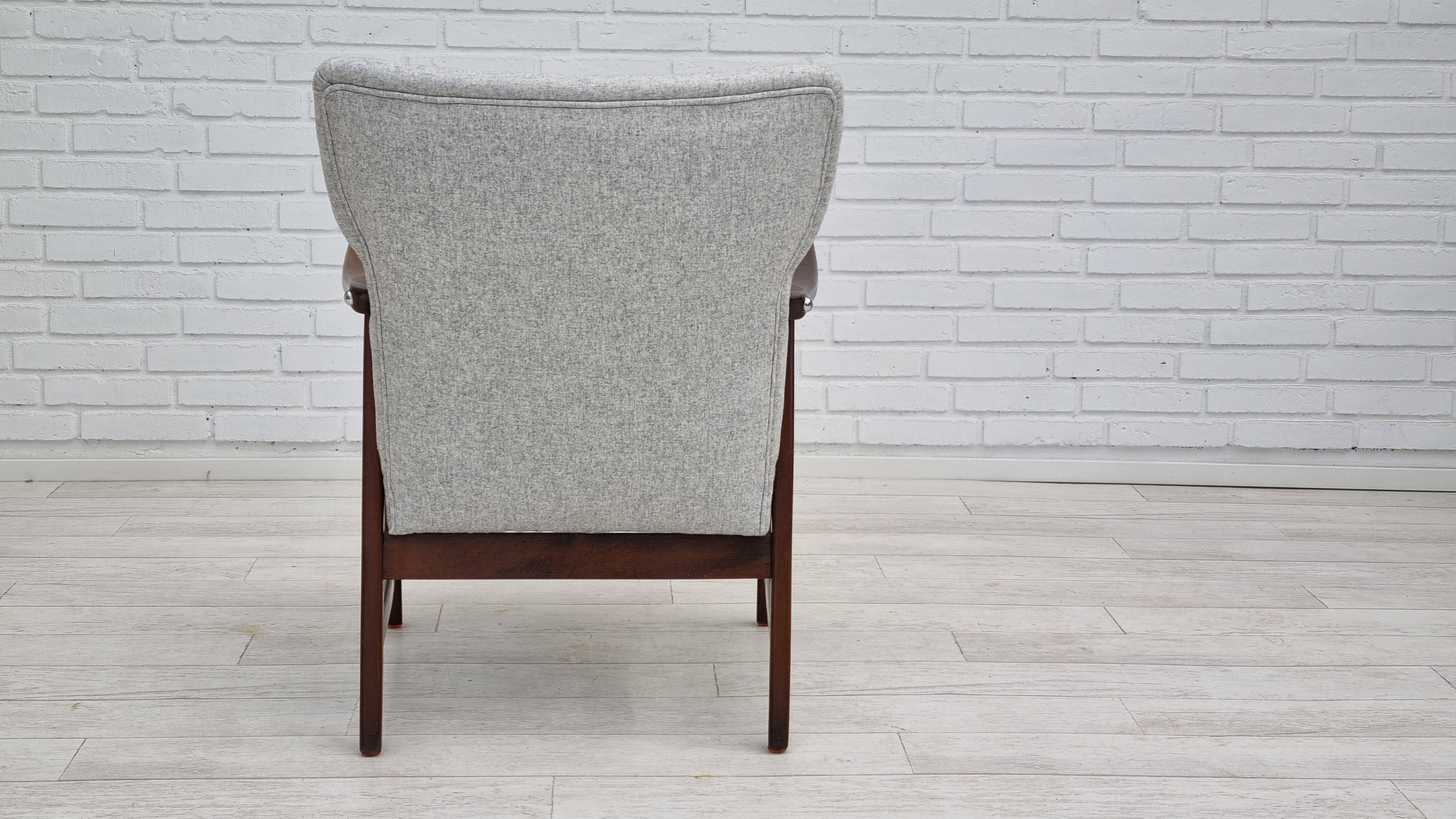 60s, Danish Armchair, Fabric, Beech Wood, Completely Reupholstered 3
