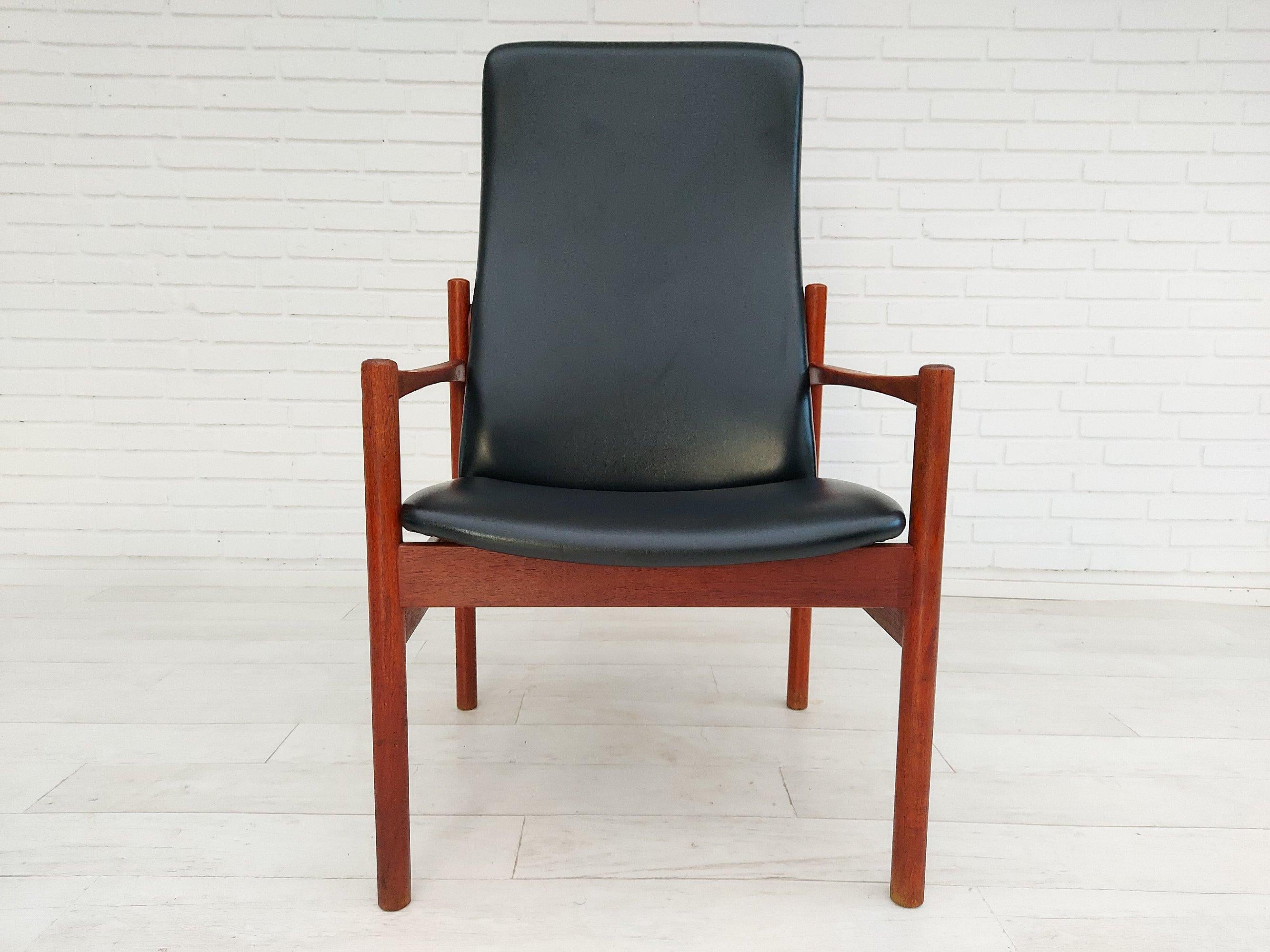 Faux Leather 60s, Danish Armchair with Stool, Teak Wood, Original Very Good Condition For Sale