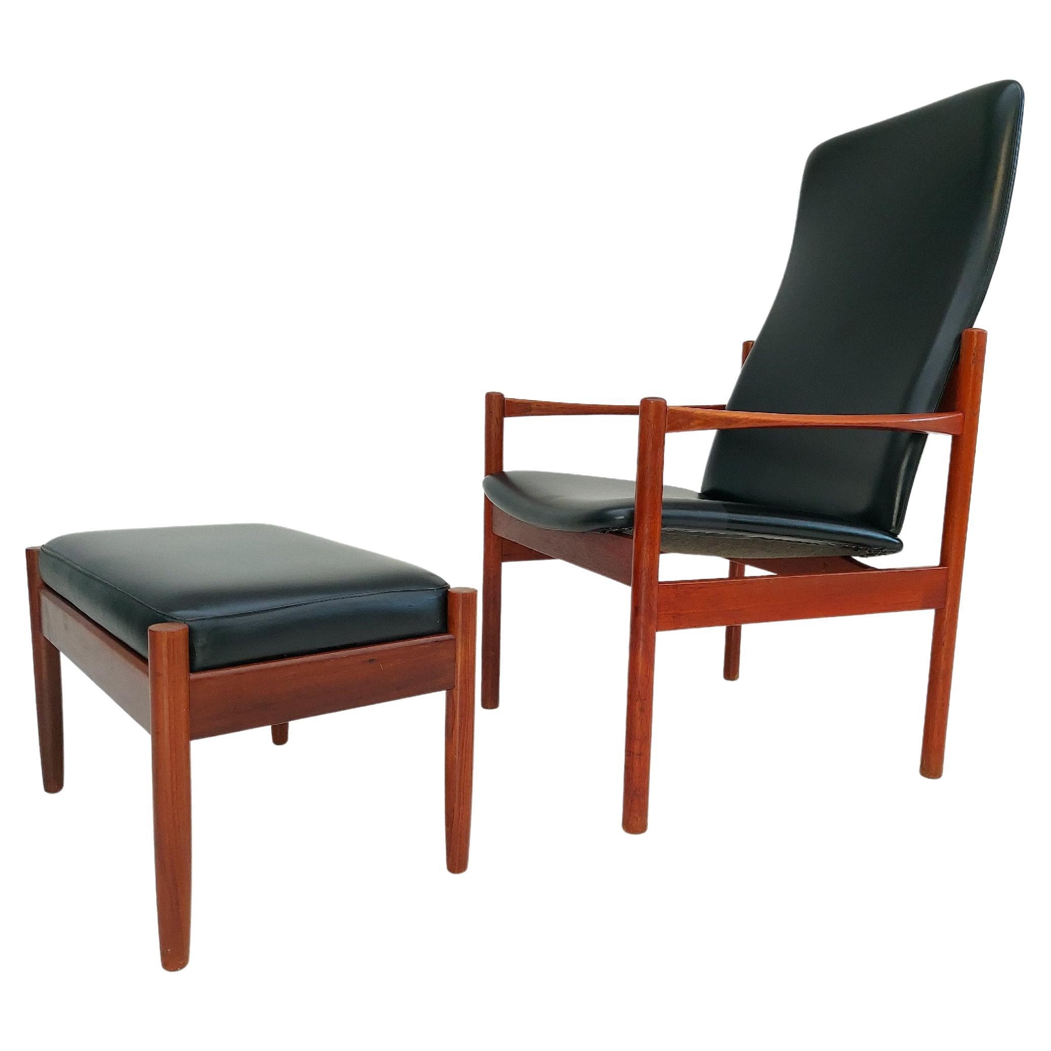 Dänischer Sessel mit Hocker aus Teakholz, Original, sehr guter Zustand, 60er Jahre