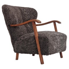 1960s Danish Design, Armchair in Quality Genuine Sheepskin, Oak Wood