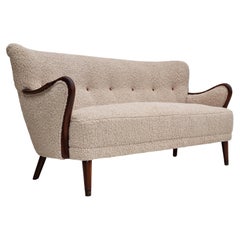 Vintage 60s, Danish design by Alfred Christensen, refurbished 3-person sofa, lambskin