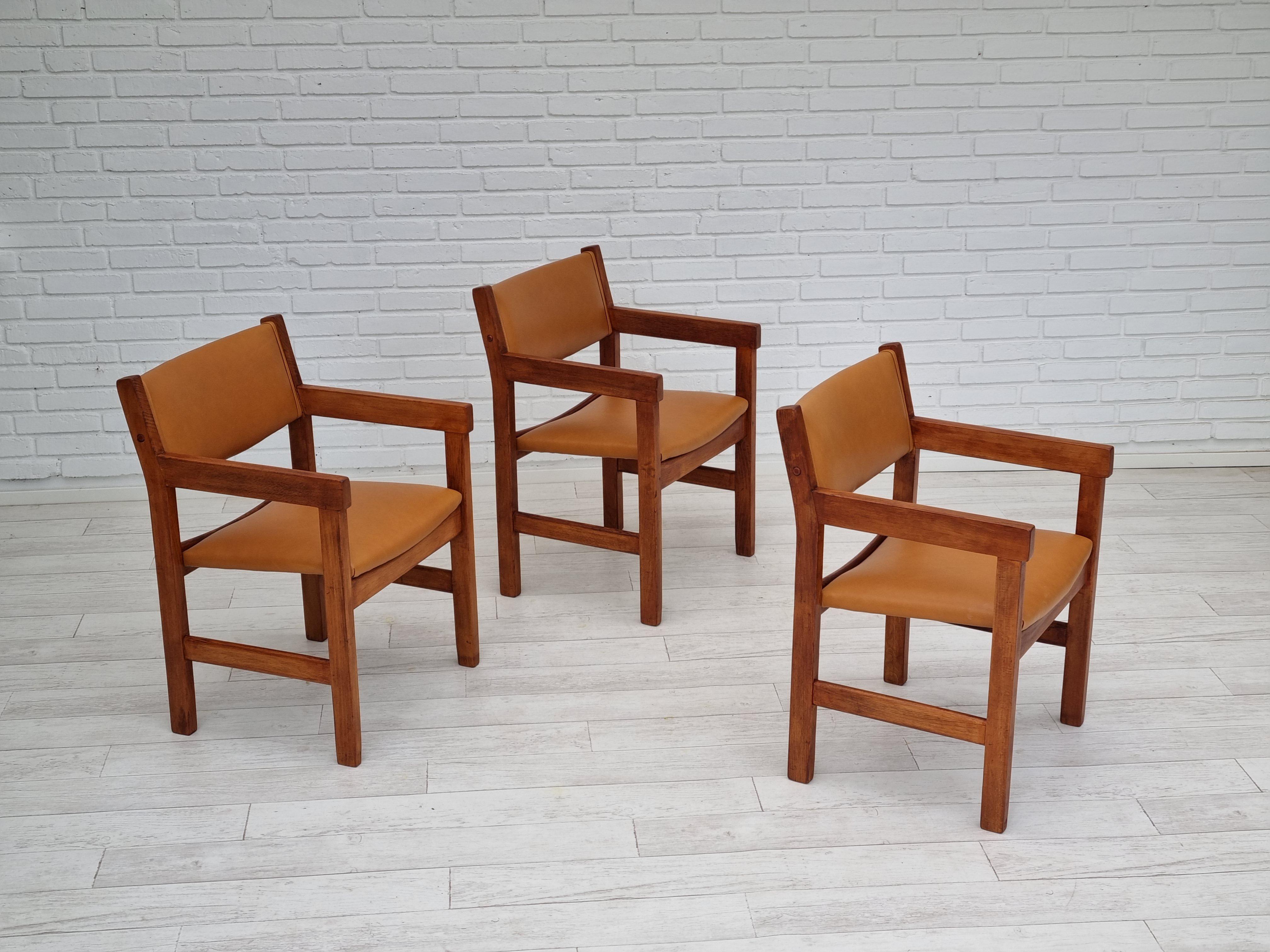Scandinavian Modern 60s, Danish design, H.J.Wegner, set of 3 armchairs, refurbished, leather, wood