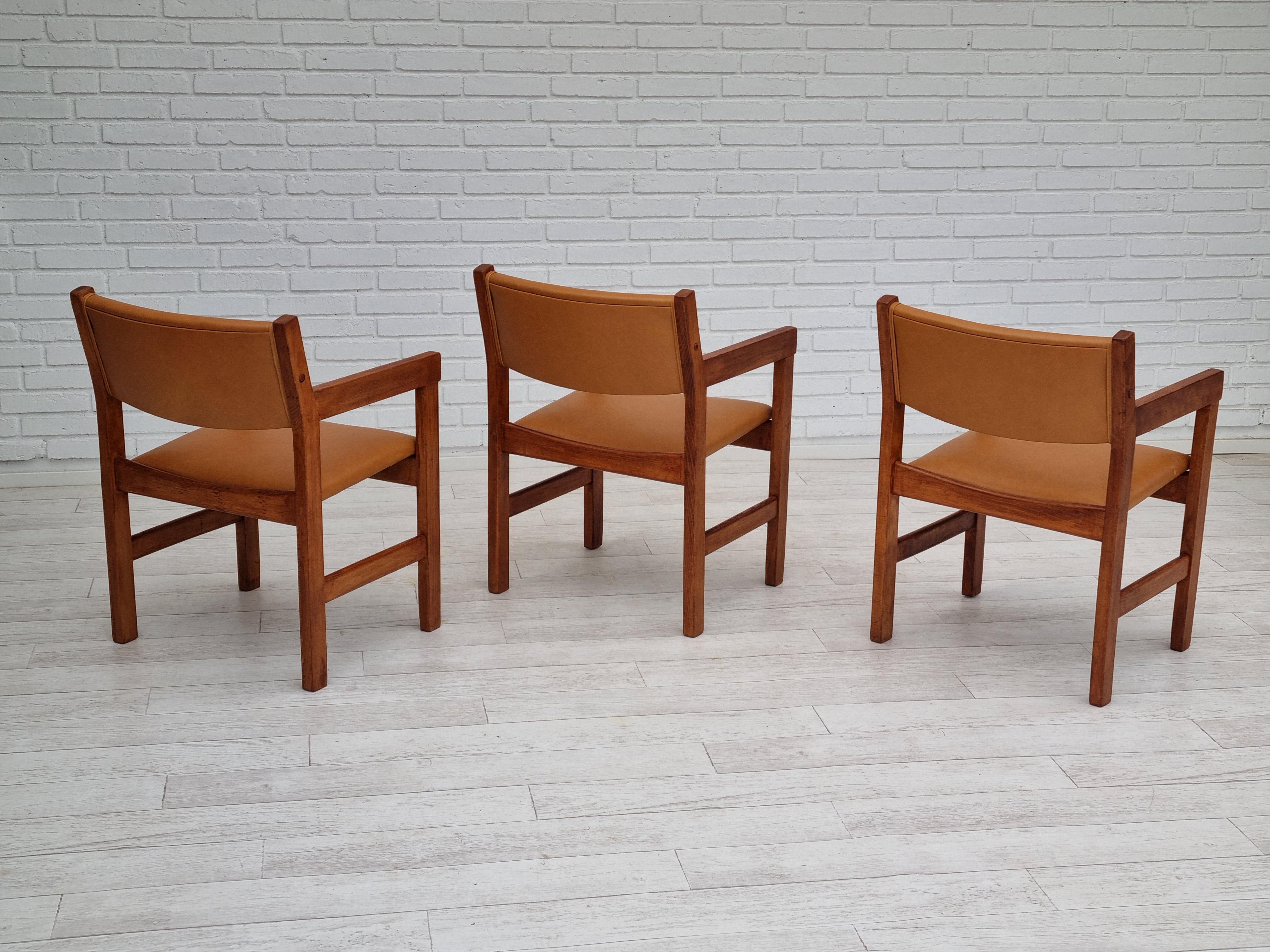 Leather 60s, Danish design, H.J.Wegner, set of 3 armchairs, refurbished, leather, wood