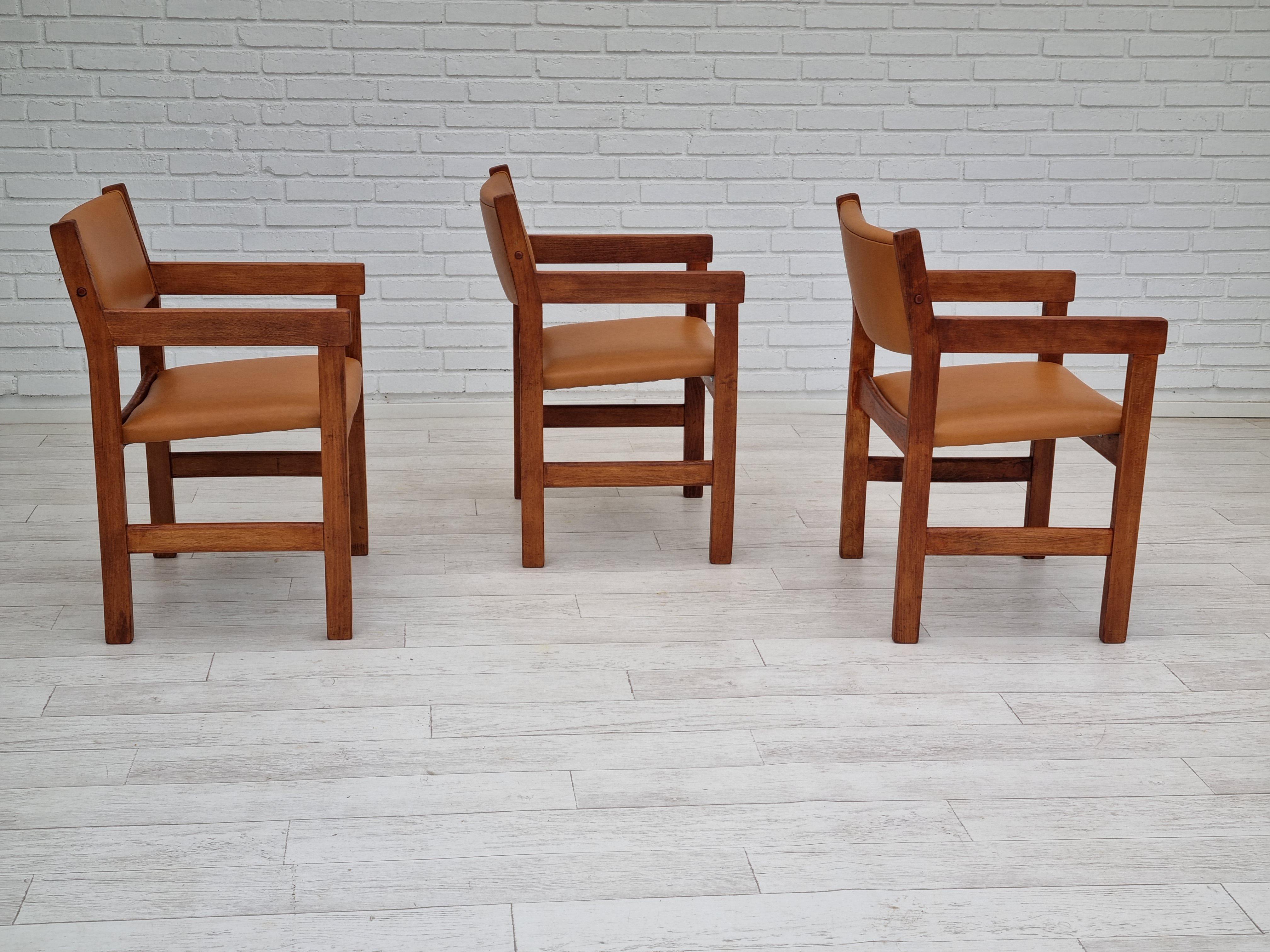60s, Danish design, H.J.Wegner, set of 3 armchairs, refurbished, leather, wood 1