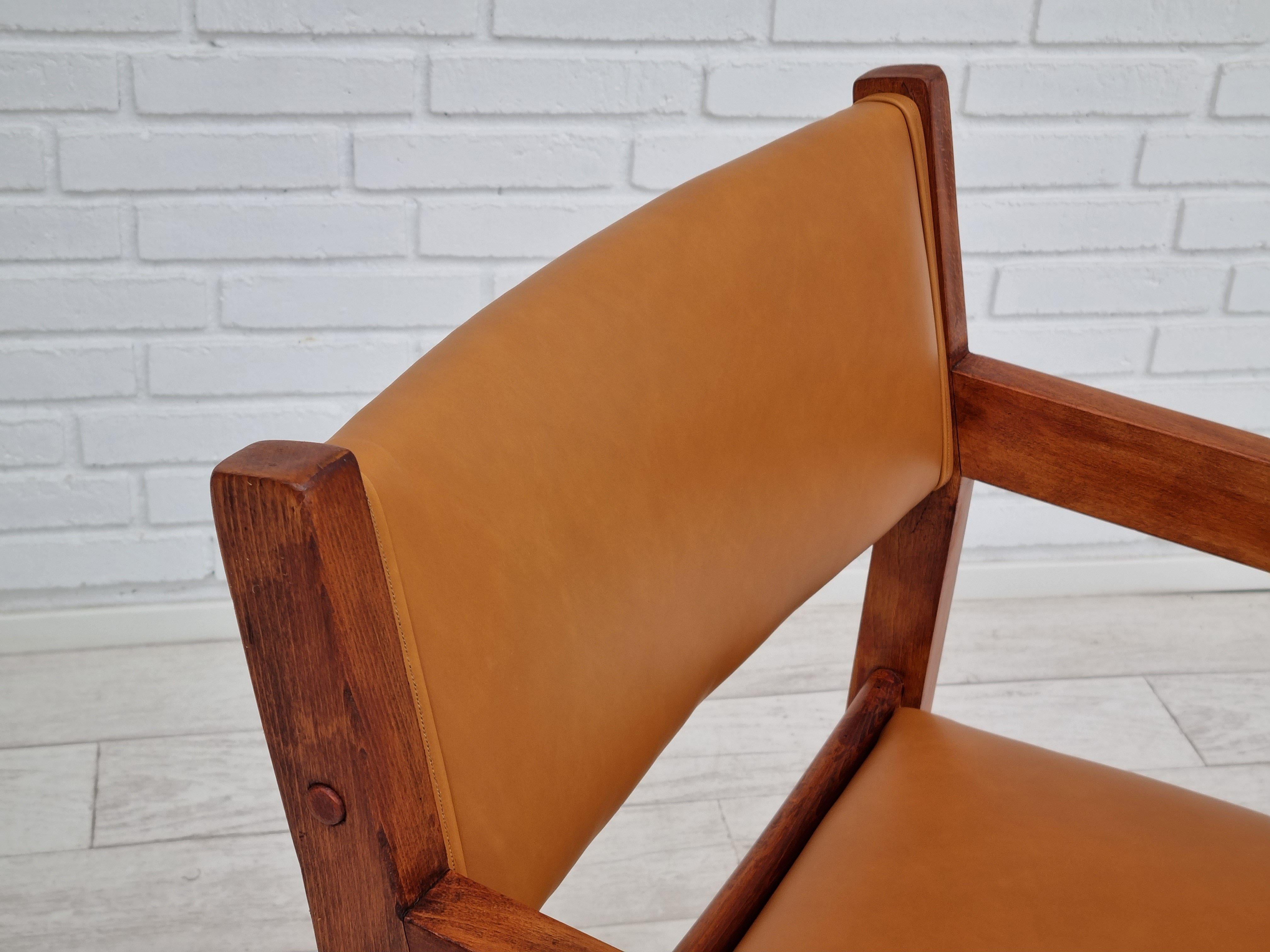 60s, Danish design, H.J.Wegner, set of 3 armchairs, refurbished, leather, wood 2