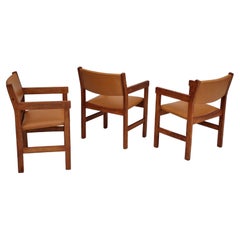 60s, Danish design, H.J.Wegner, set of 3 armchairs, refurbished, leather, wood