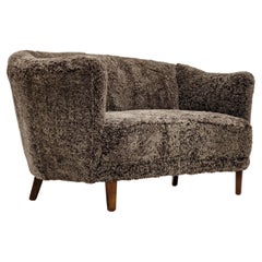 60s, Danish Design, Restored 2-Seater "Banana" Sofa, Genuine Sheepskin