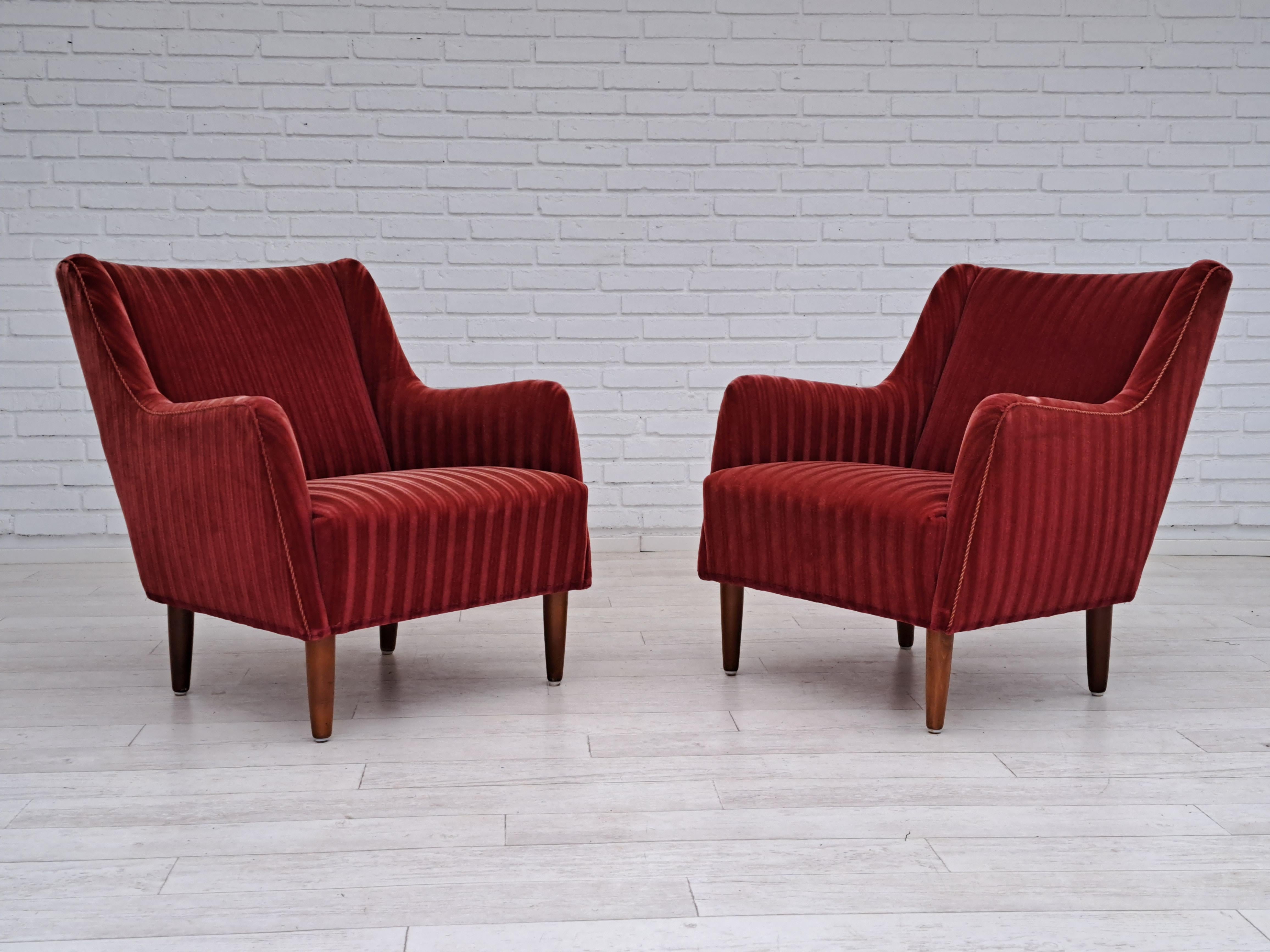 60s, Danish design, sofa set, 2 armchairs + sofa, velour, original condition 9