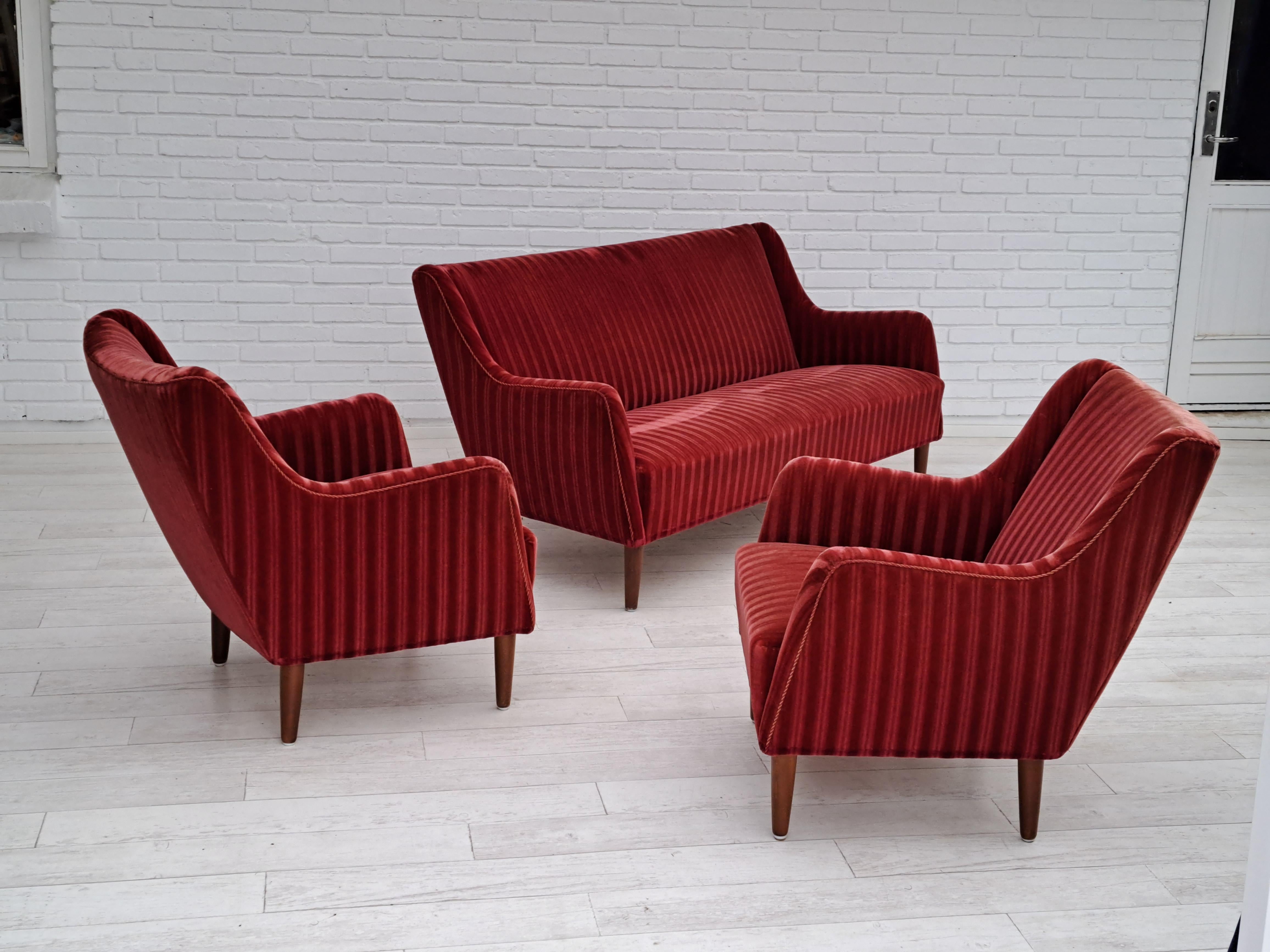 Mid-20th Century 60s, Danish design, sofa set, 2 armchairs + sofa, velour, original condition