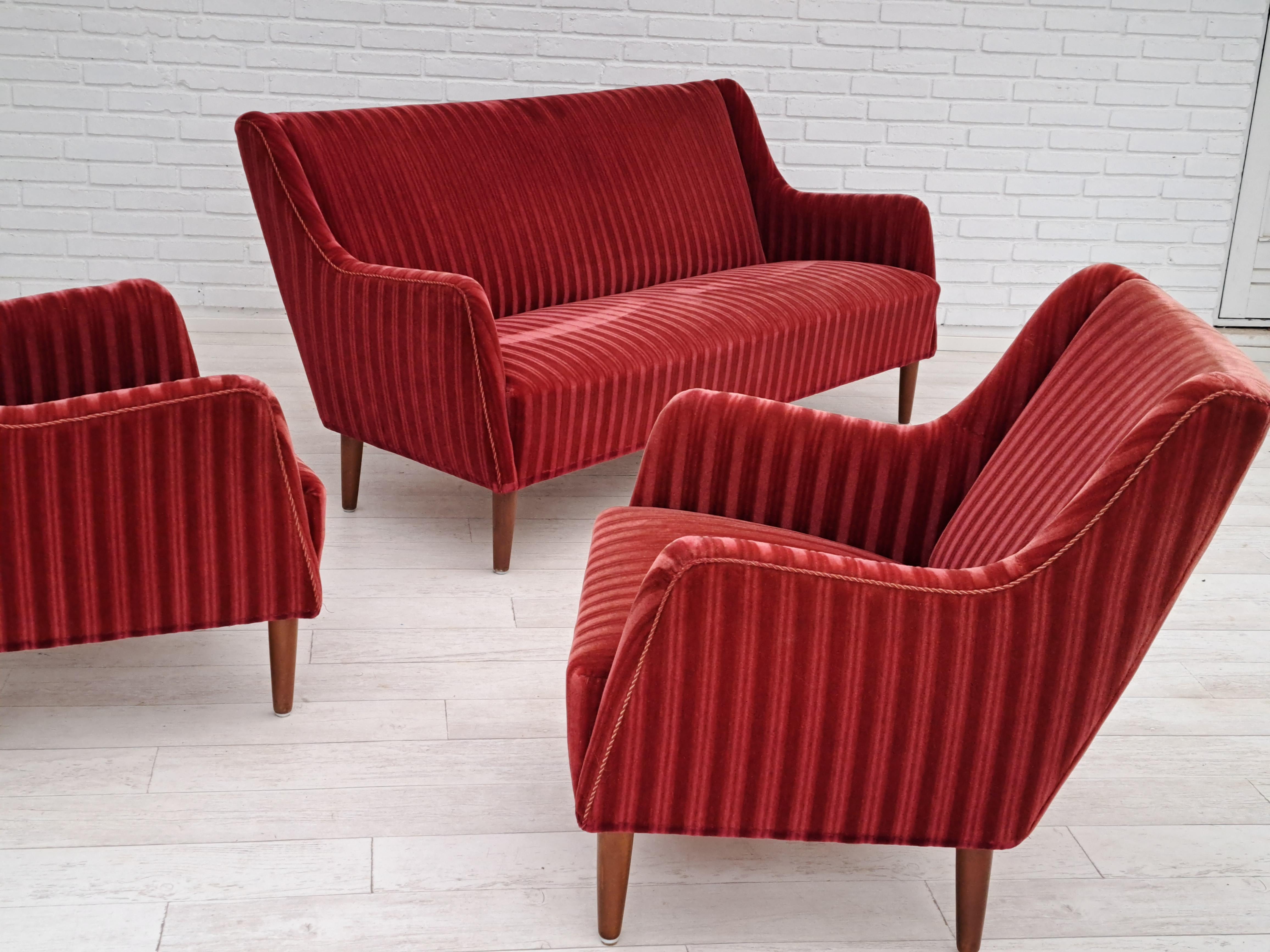Velvet 60s, Danish design, sofa set, 2 armchairs + sofa, velour, original condition