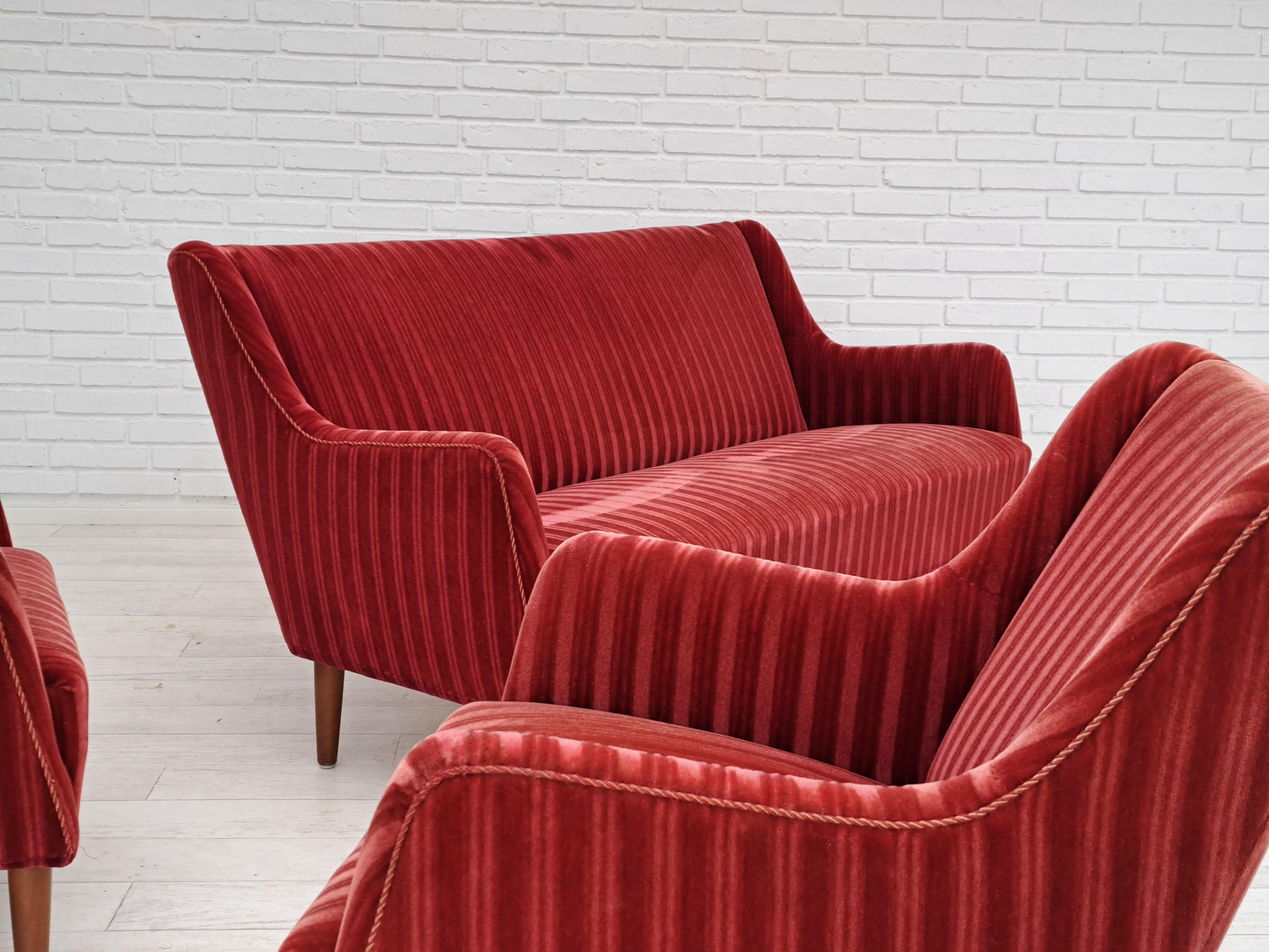 60s, Danish design, sofa set, 2 armchairs + sofa, velour, original condition 1