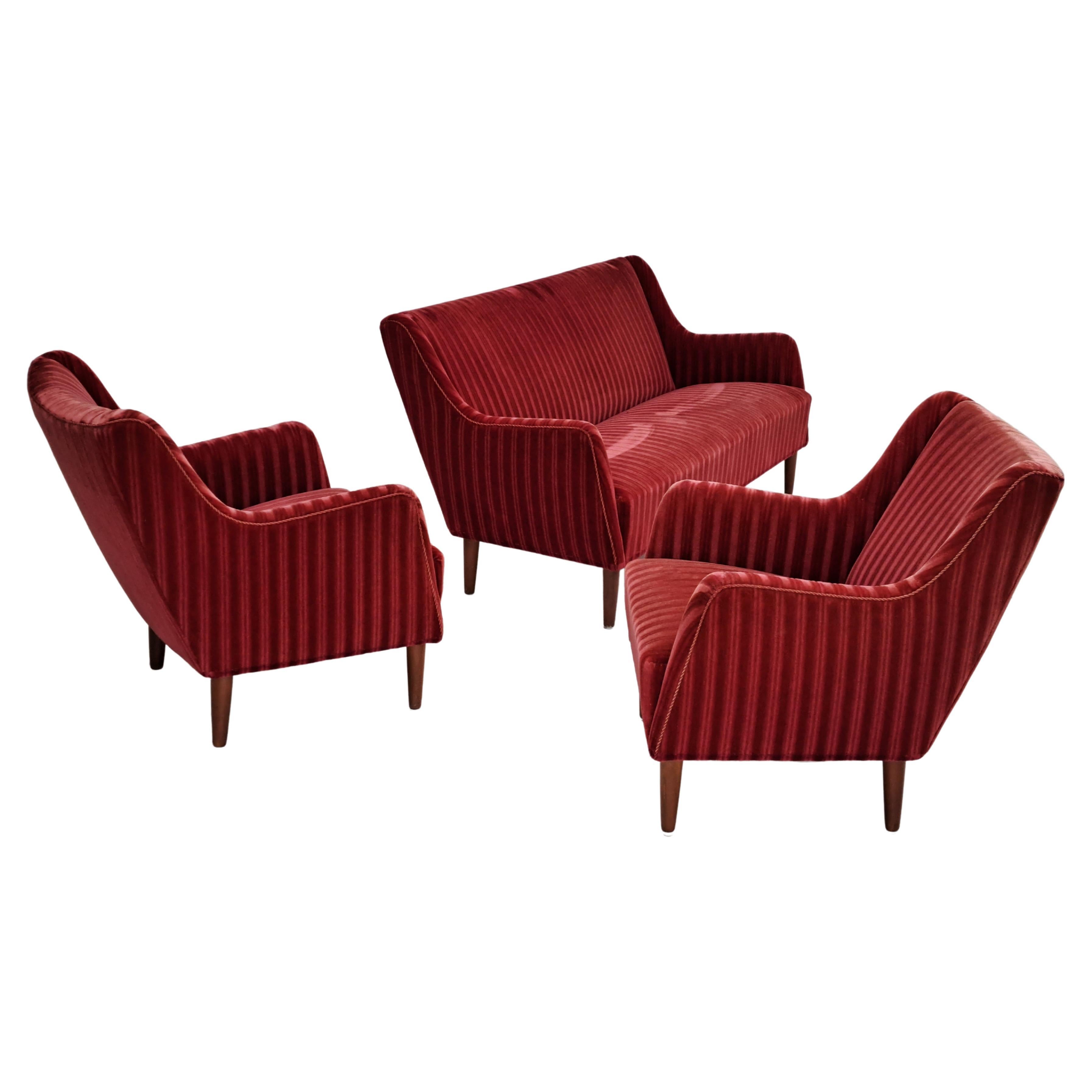 60s, Danish design, sofa set, 2 armchairs + sofa, velour, original condition