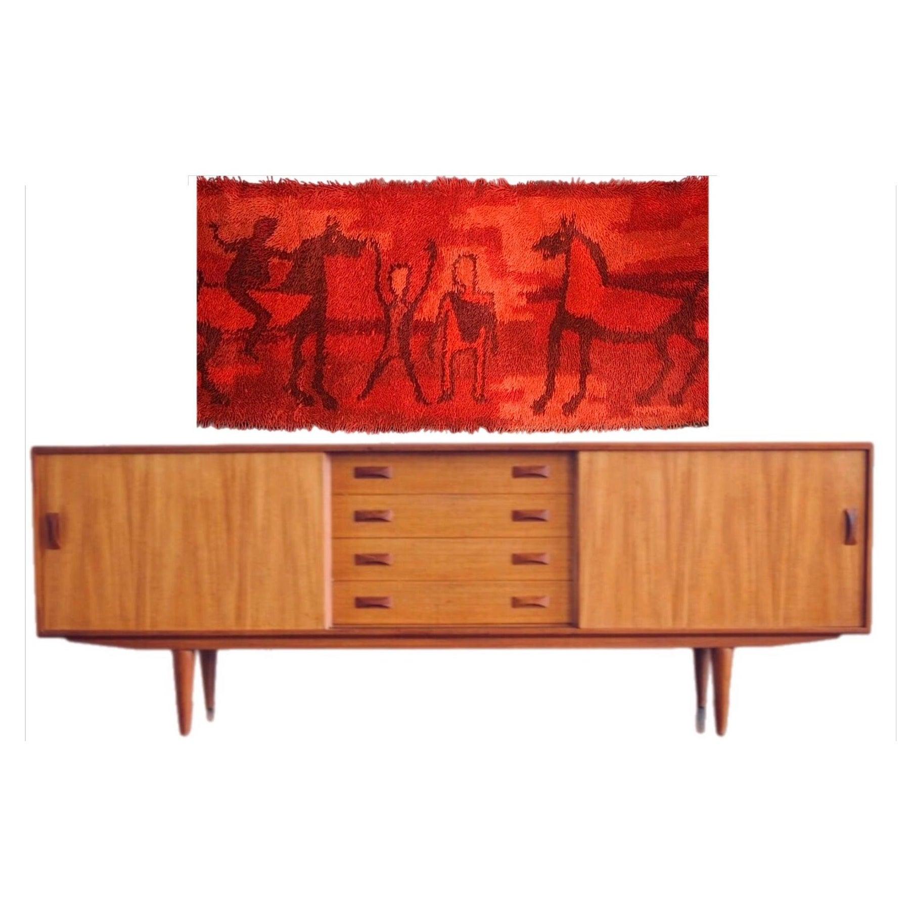 60s Danish Modern Etruscan Ege Rya Rug Tibor Reich Horses Chariots Wall Hanging en venta 1