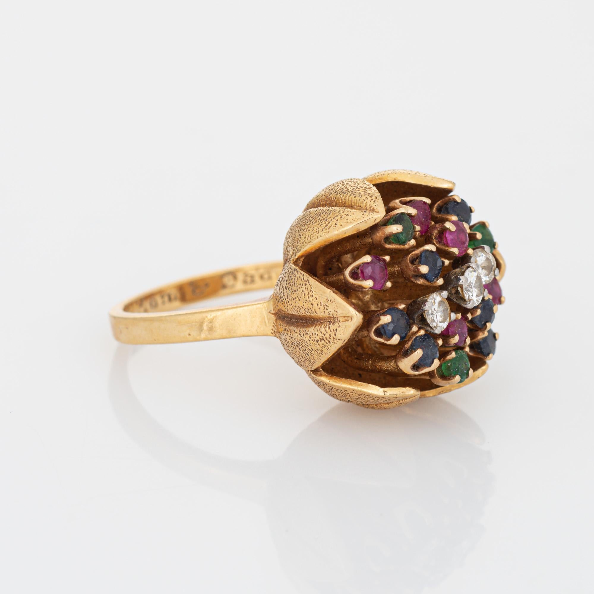 Modern 60s Diamond Gemstone Tulip Ring Vintage 18k Yellow Gold Sz 5.5 Flower Jewelry  For Sale