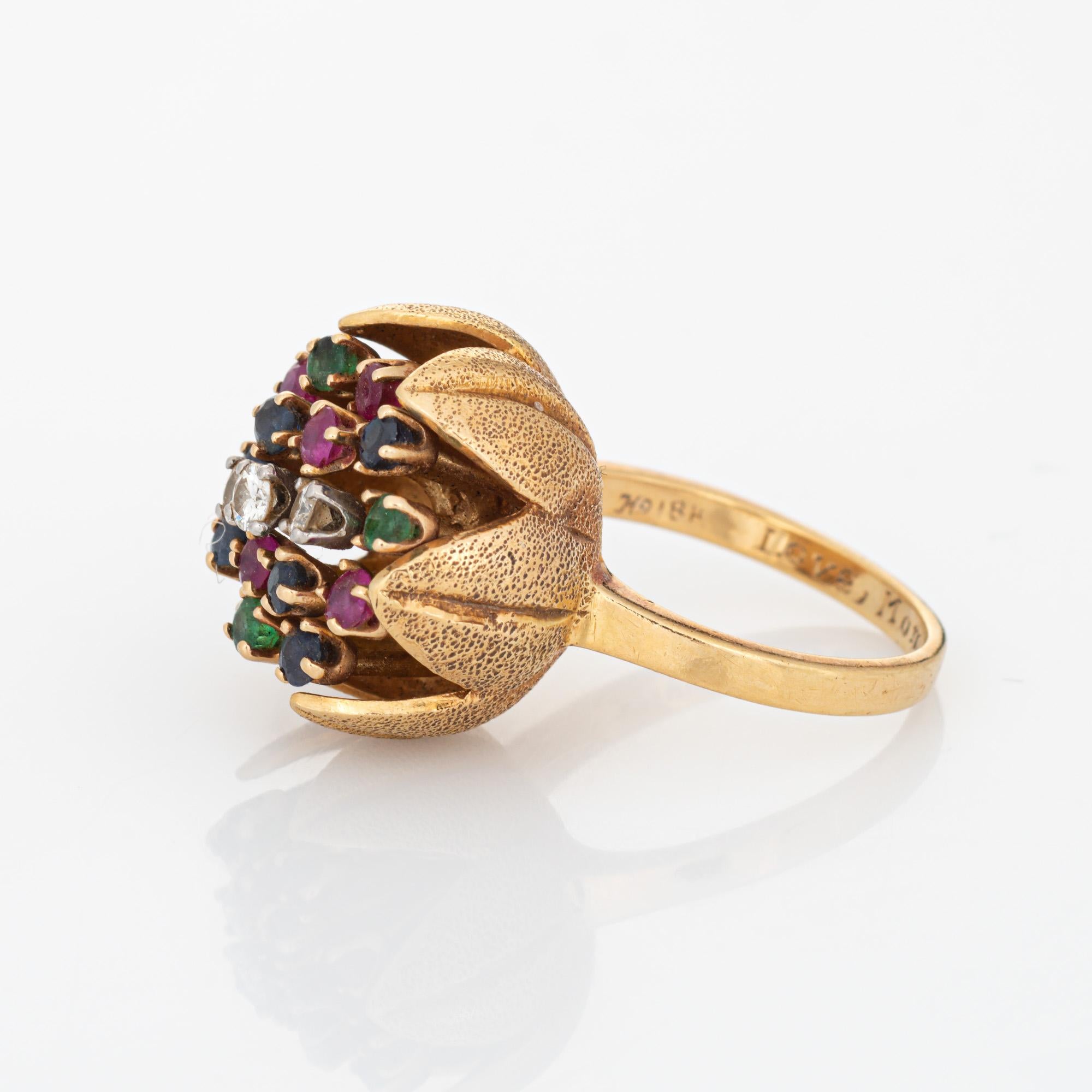 Taille ronde 60s Diamond Gemstone Tulip Ring Vintage 18k Yellow Gold Sz 5.5 Flower Jewelry  en vente