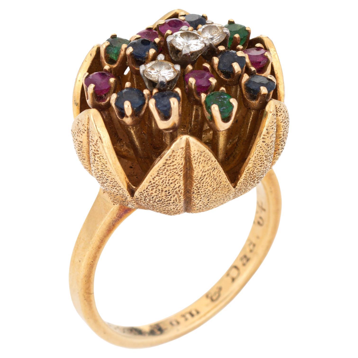 60s Diamond Gemstone Tulip Ring Vintage 18k Yellow Gold Sz 5.5 Flower Jewelry  en vente