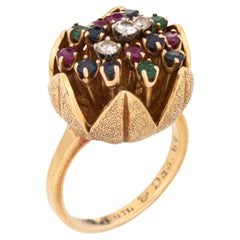 60s Diamond Gemstone Tulip Ring Vintage 18k Yellow Gold Sz 5.5 Flower Jewelry 