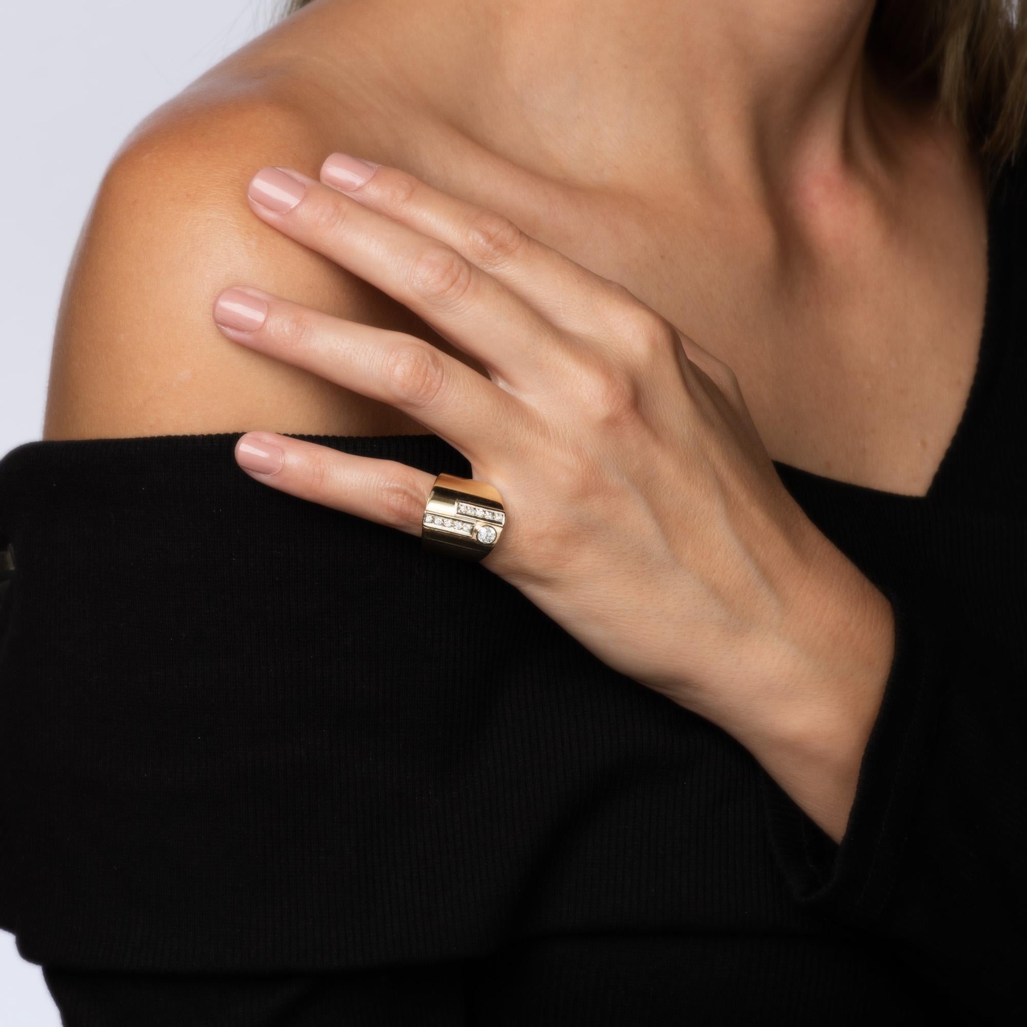 Women's 60s Diamond Wide Band Sz 5.5 Vintage 14k Yellow Gold Cigar Ring Jewelry